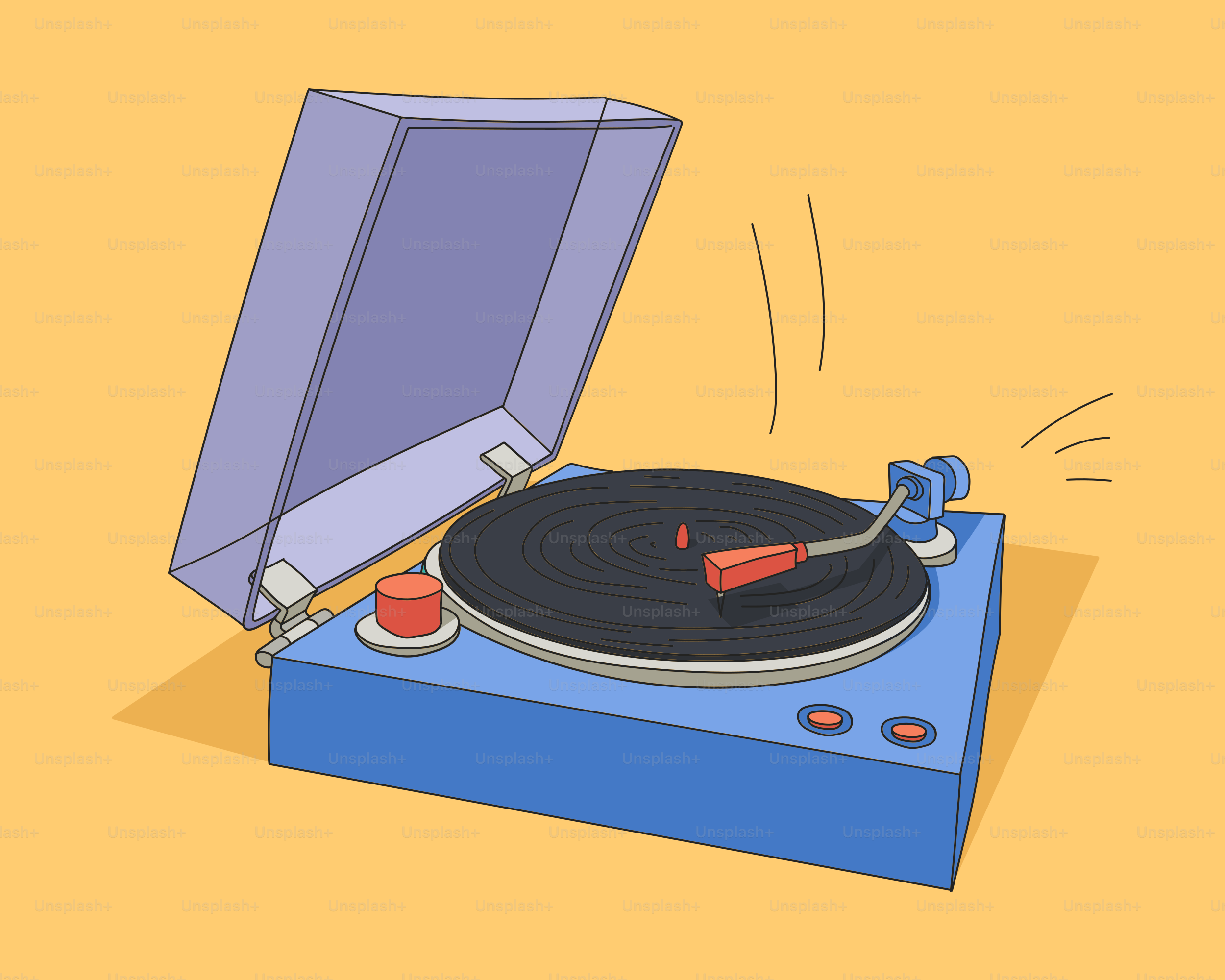 A blue record player with an open lid