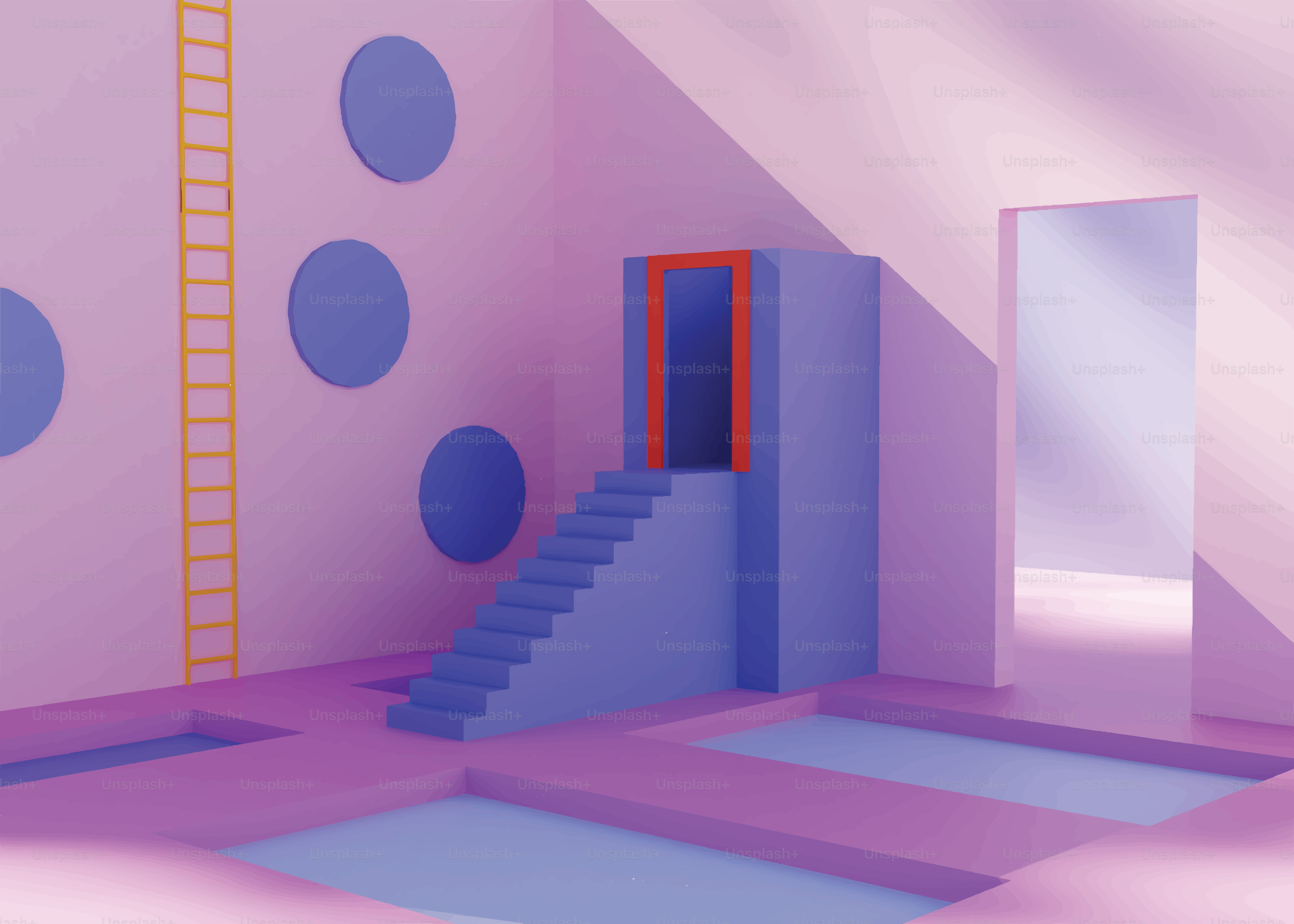 Surreal pink and blue room with stairs and doors
