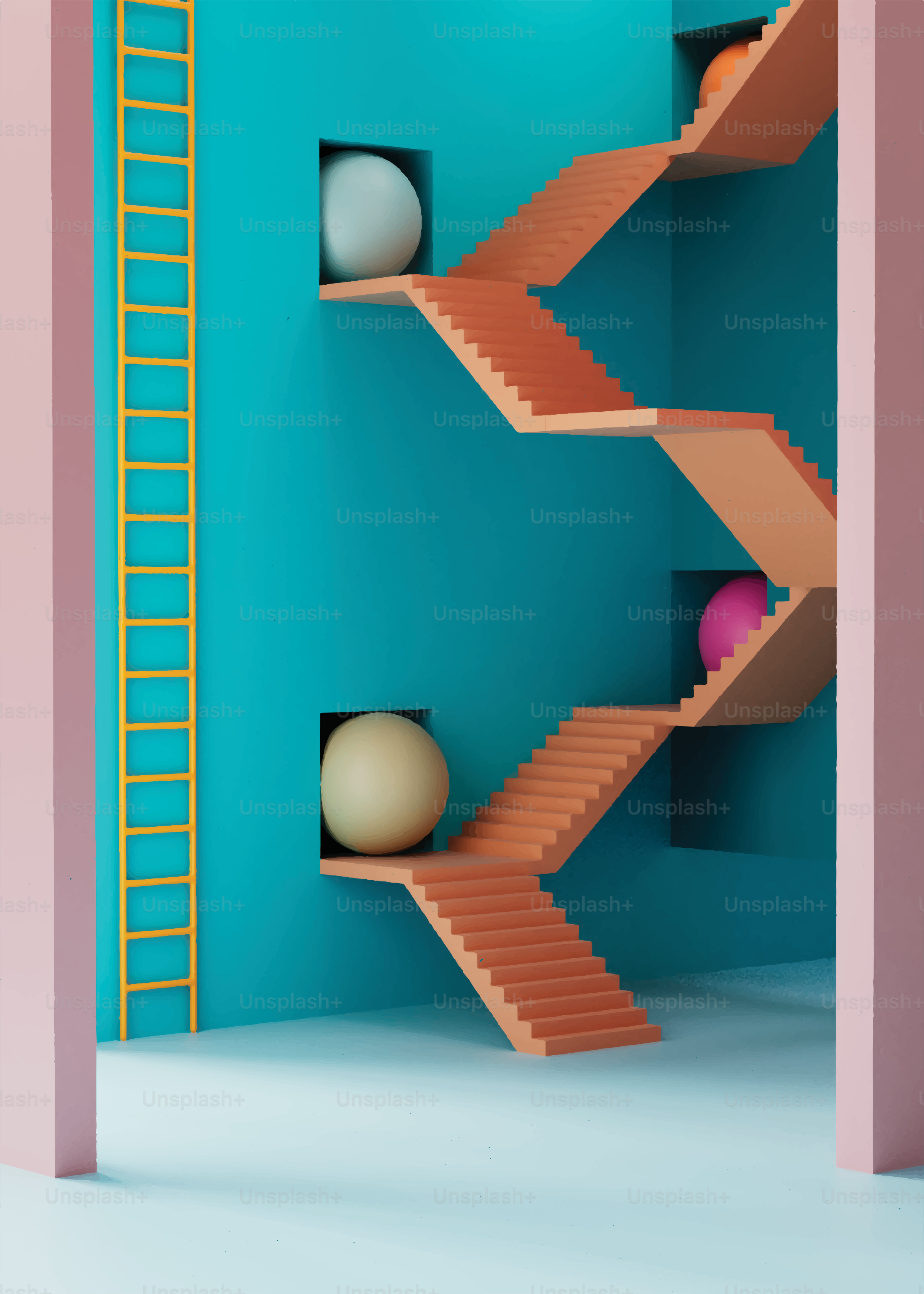 Orange stairs ascend through teal walls with spheres.