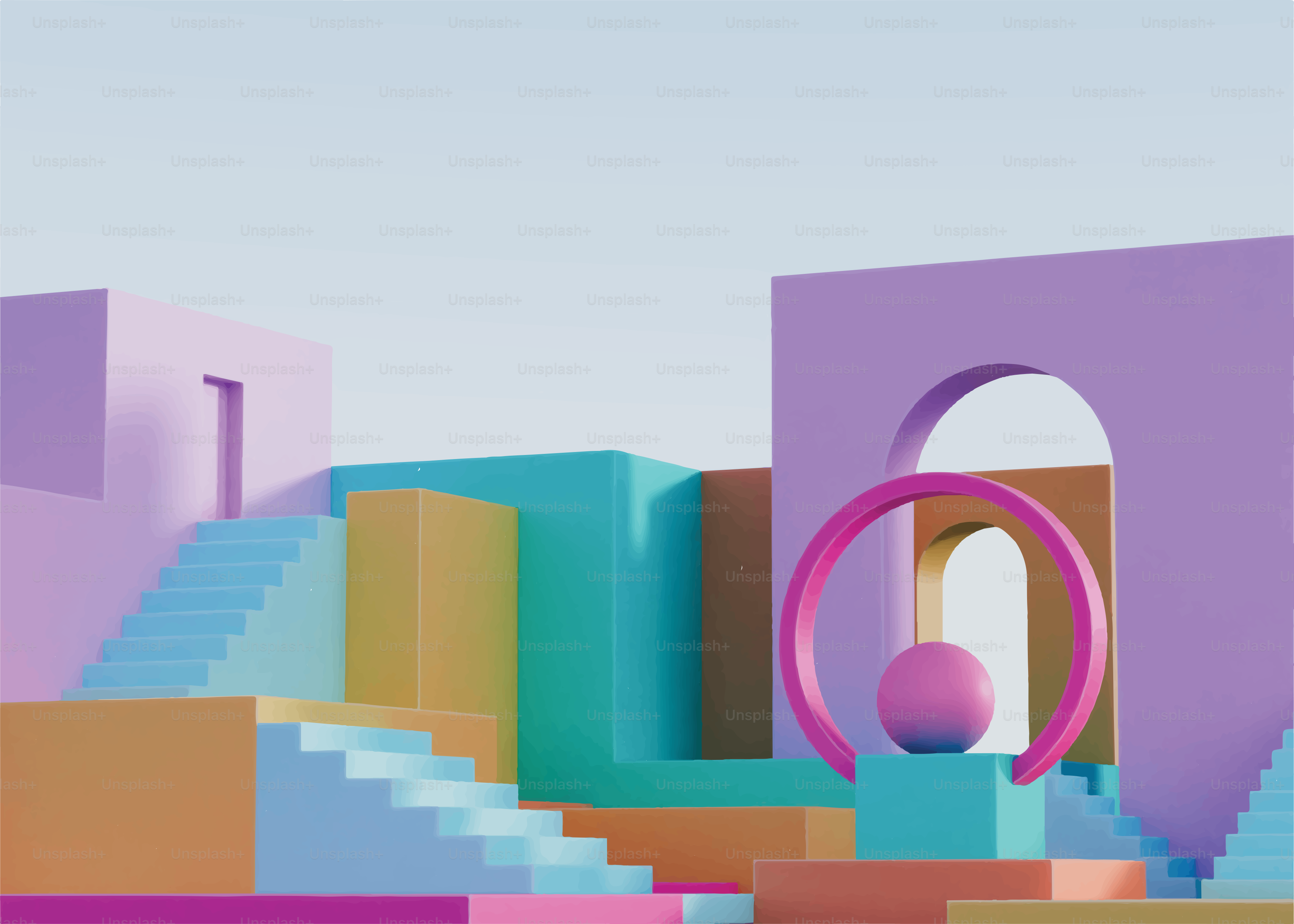 Abstract geometric shapes with pastel colors and stairs