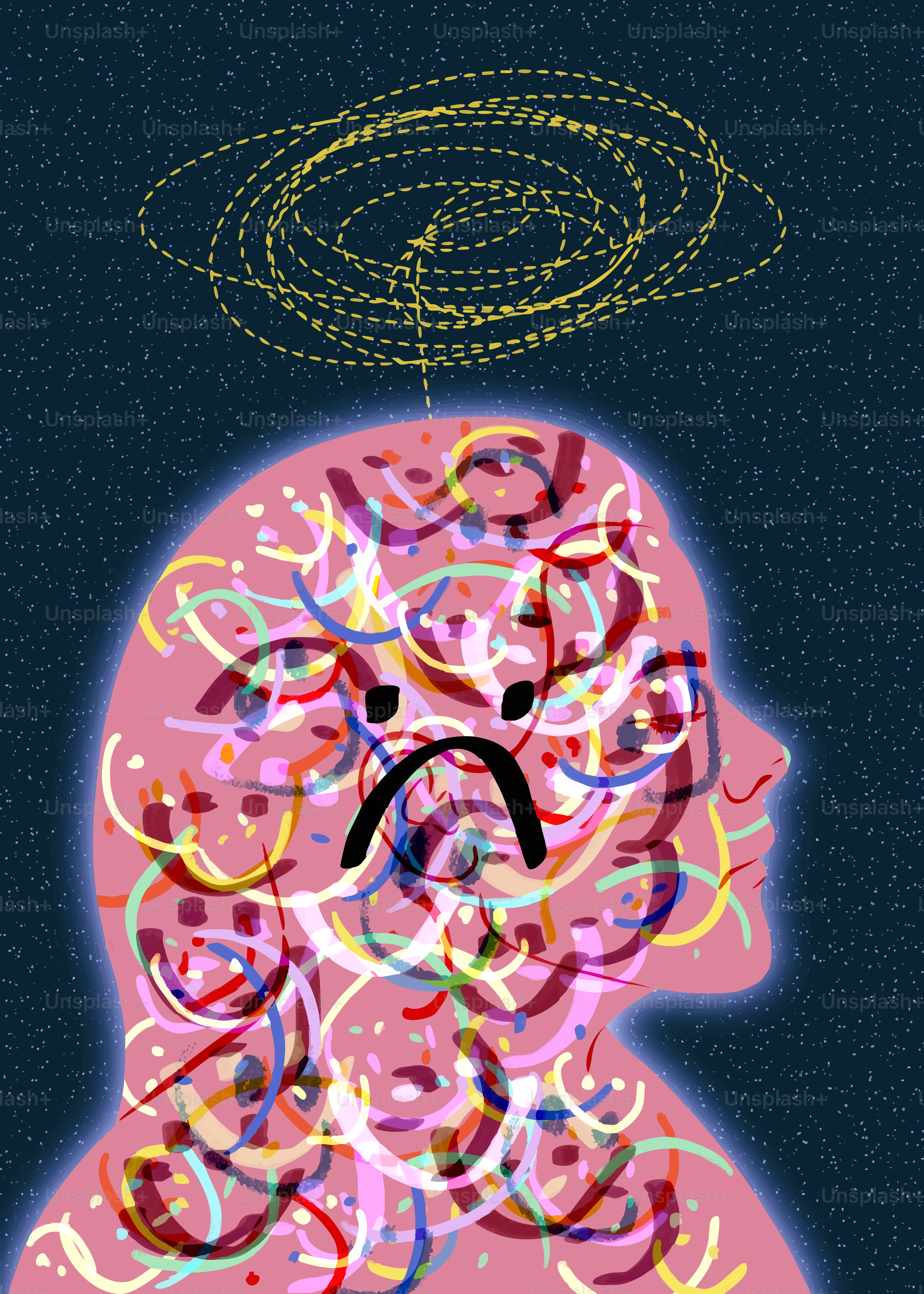 Distressed mind with tangled thoughts and sad face. vector – Art Image ...