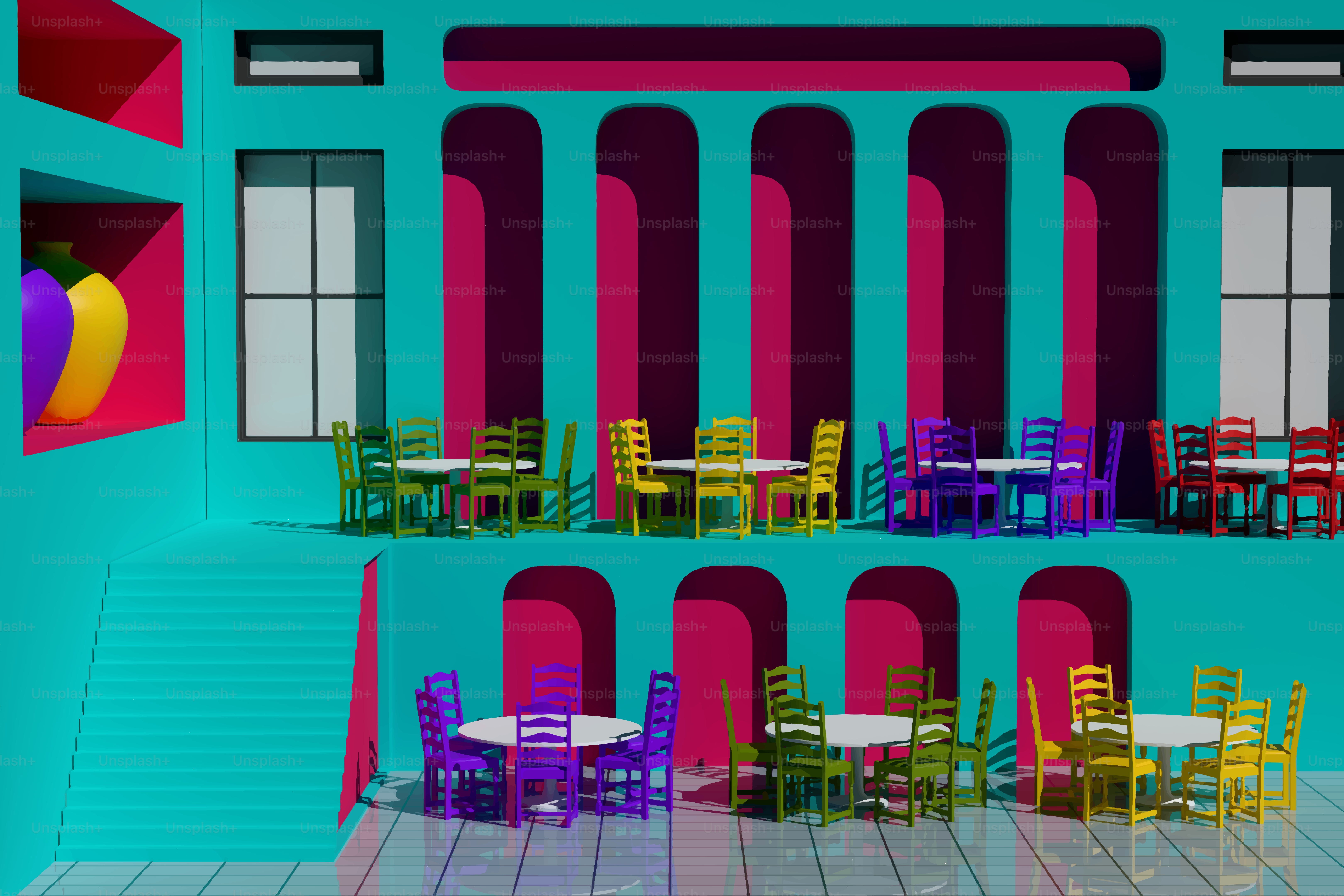 Colorful tables and chairs in a vibrant, modern room.