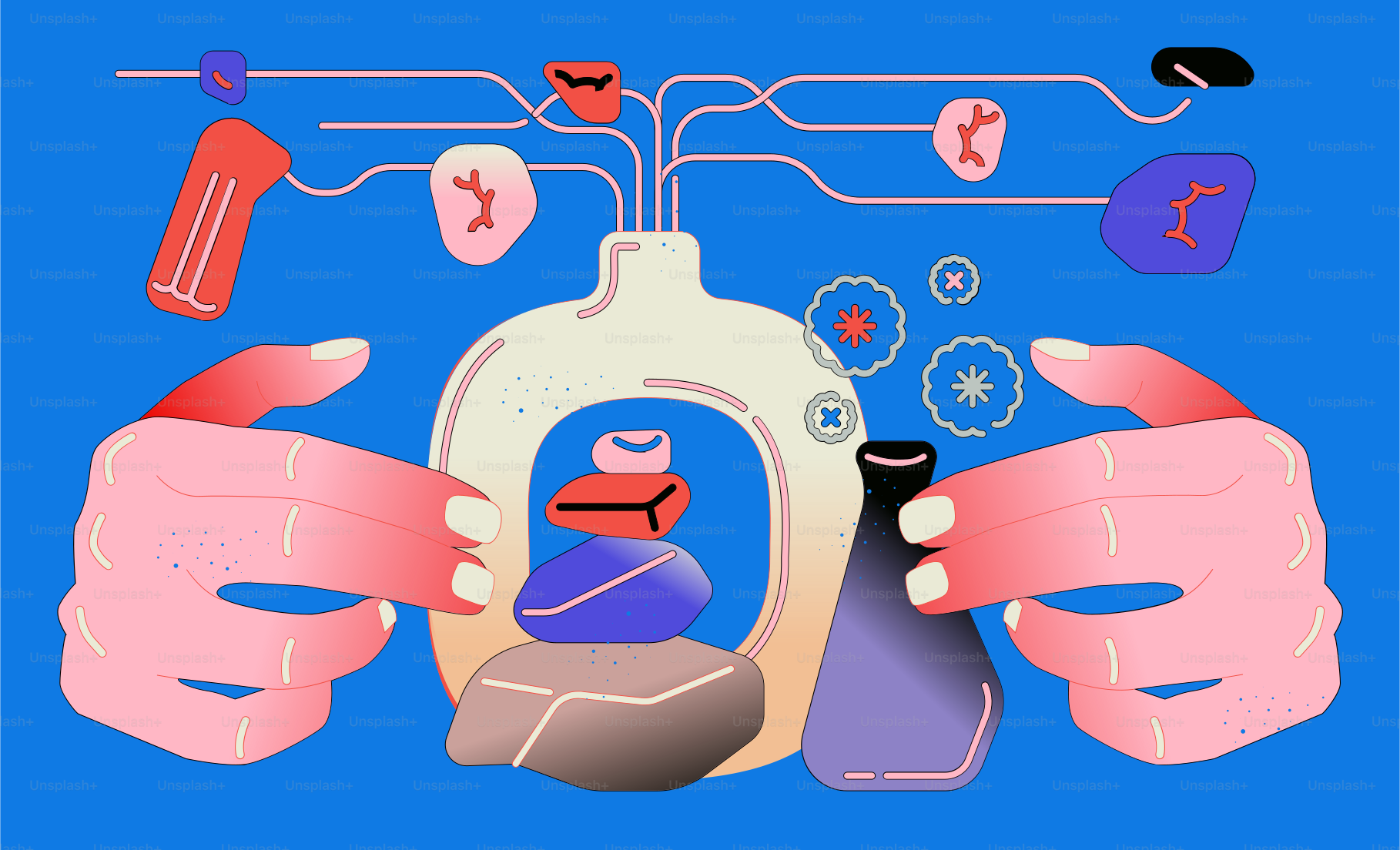 Hands arranging abstract shapes and vases