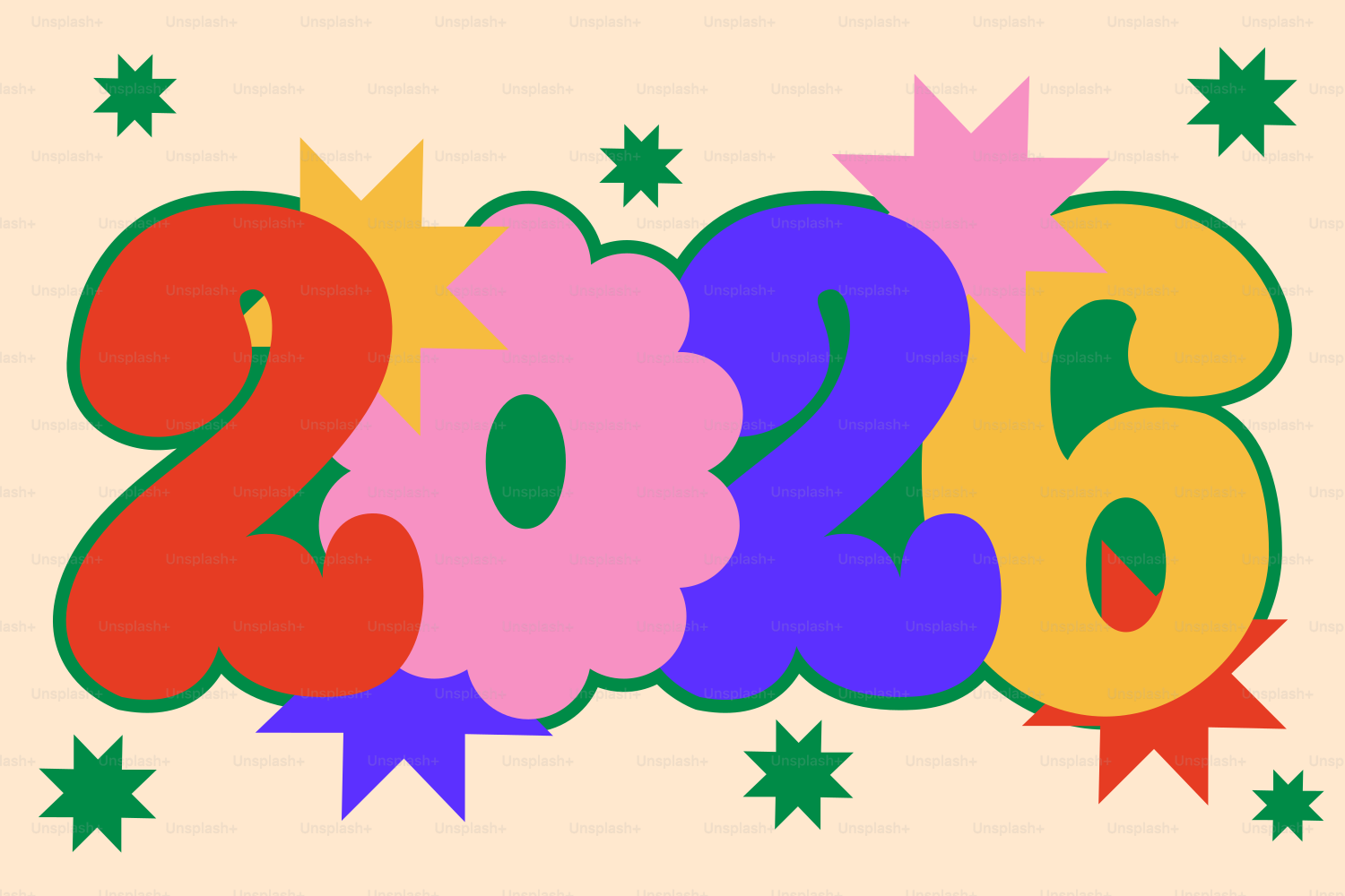 Bunter Text von 2026 mit Sternen und Bursts