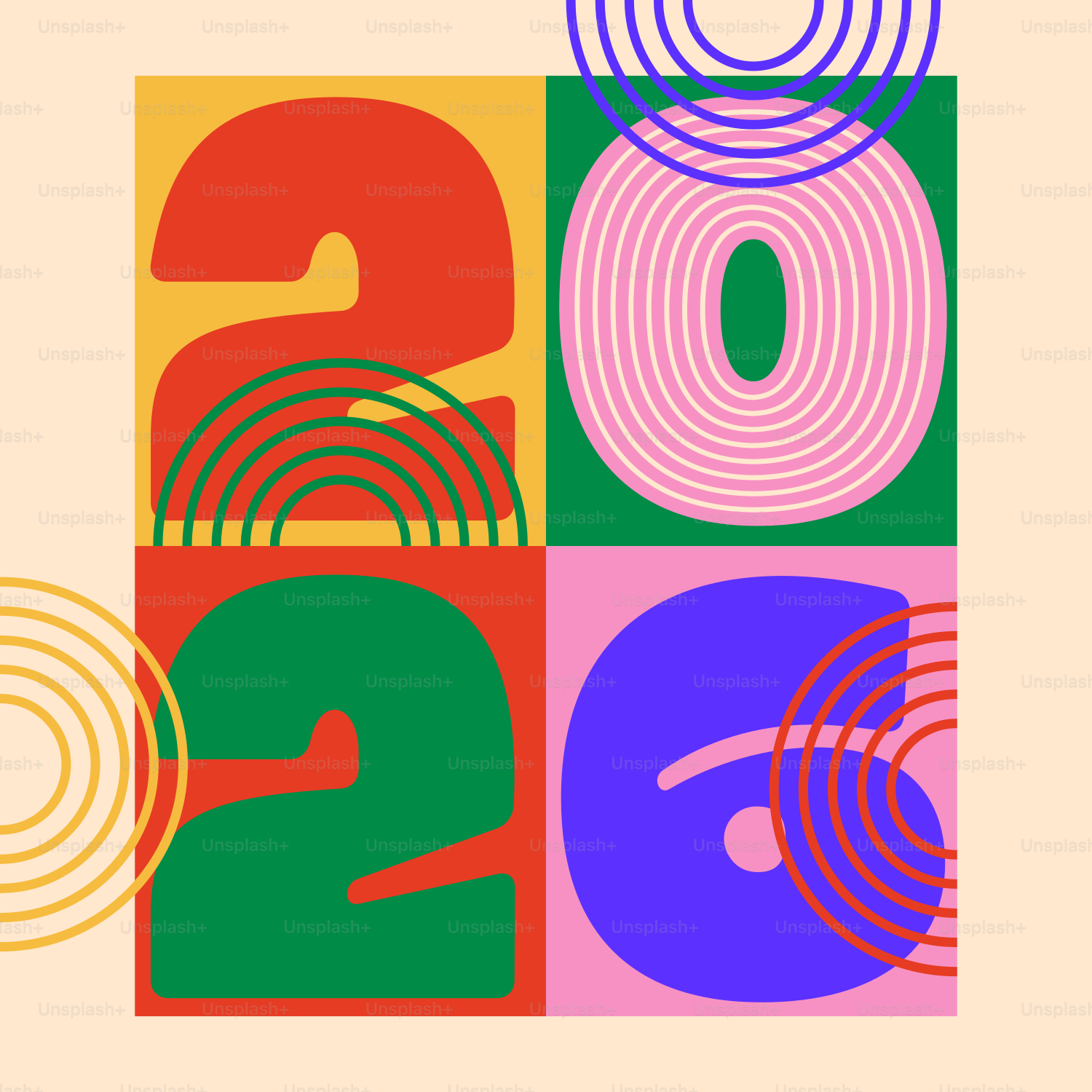 Bunte abstrakte Zahlen 2026 mit geometrischen Formen