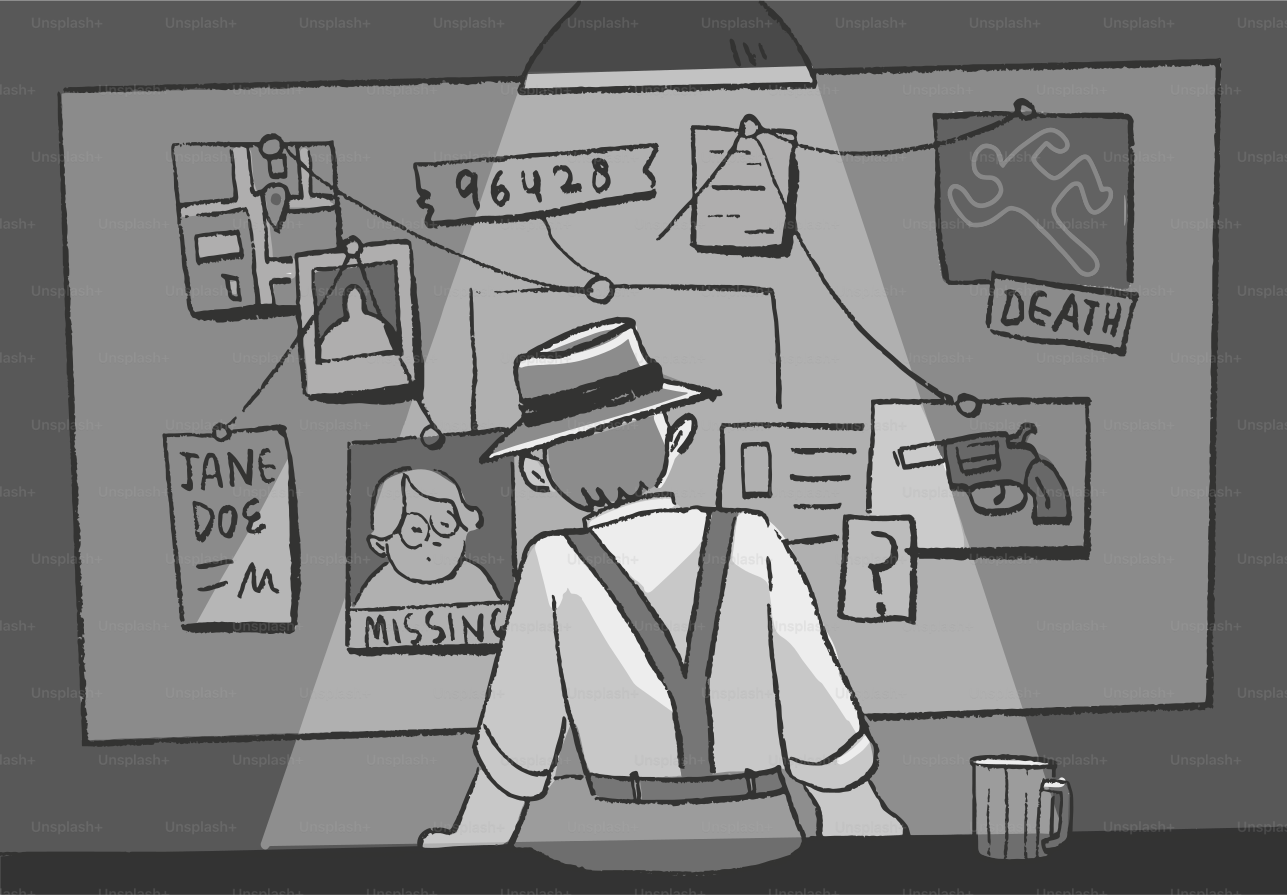 Detective examines a crime board with clues.
