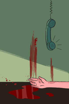 A hand lies in blood next to a hanging telephone.