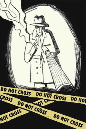 Detective with flashlight and smoking, behind caution tape.