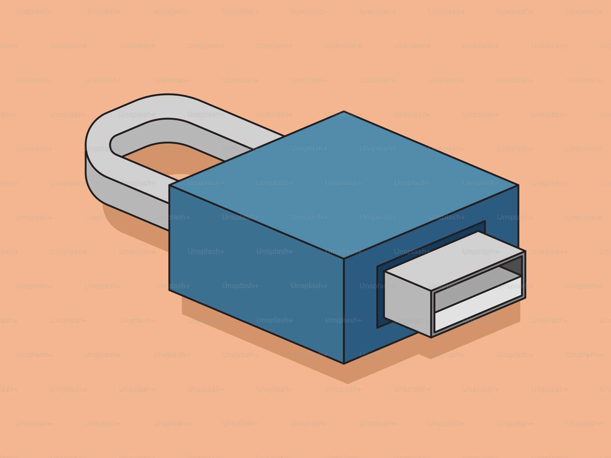 Cadeado azul com conector usb em fundo laranja