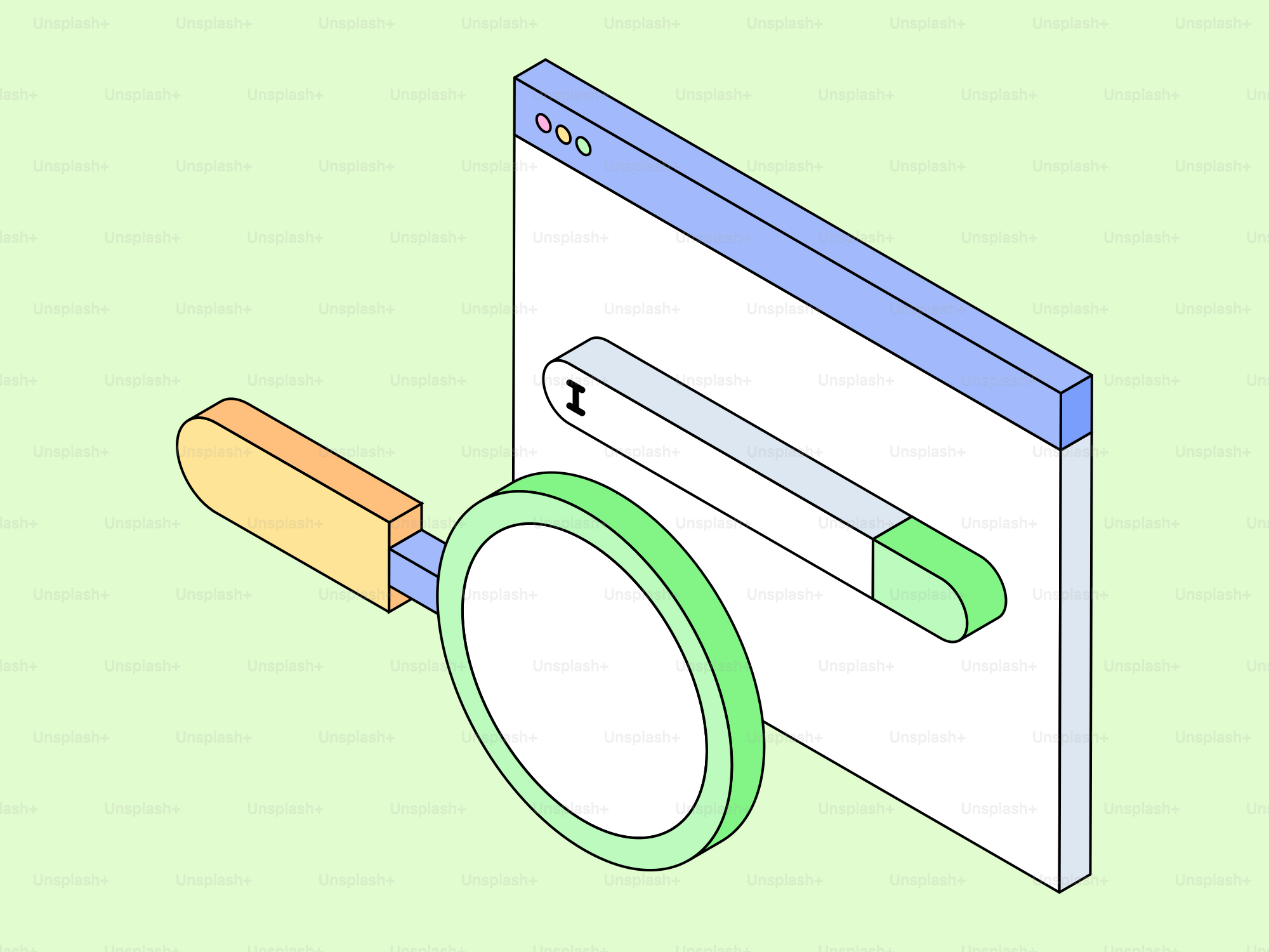 Magnifying glass over a search bar on a computer screen.