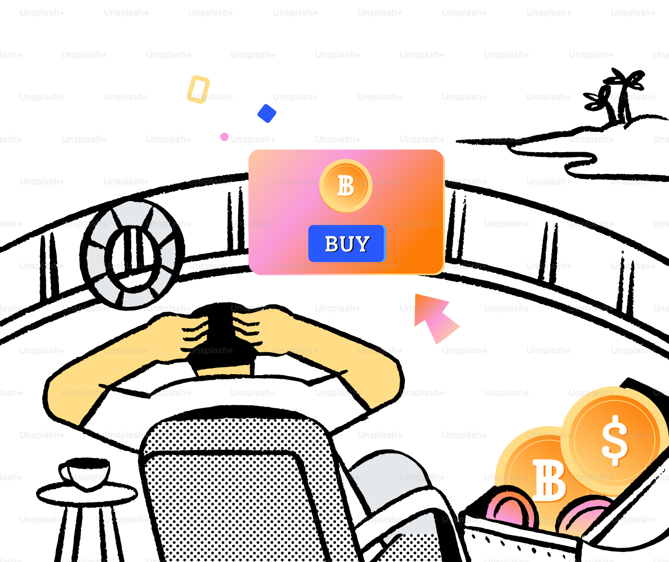 Pria tertekan oleh pilihan investasi cryptocurrency di pulau tropis.