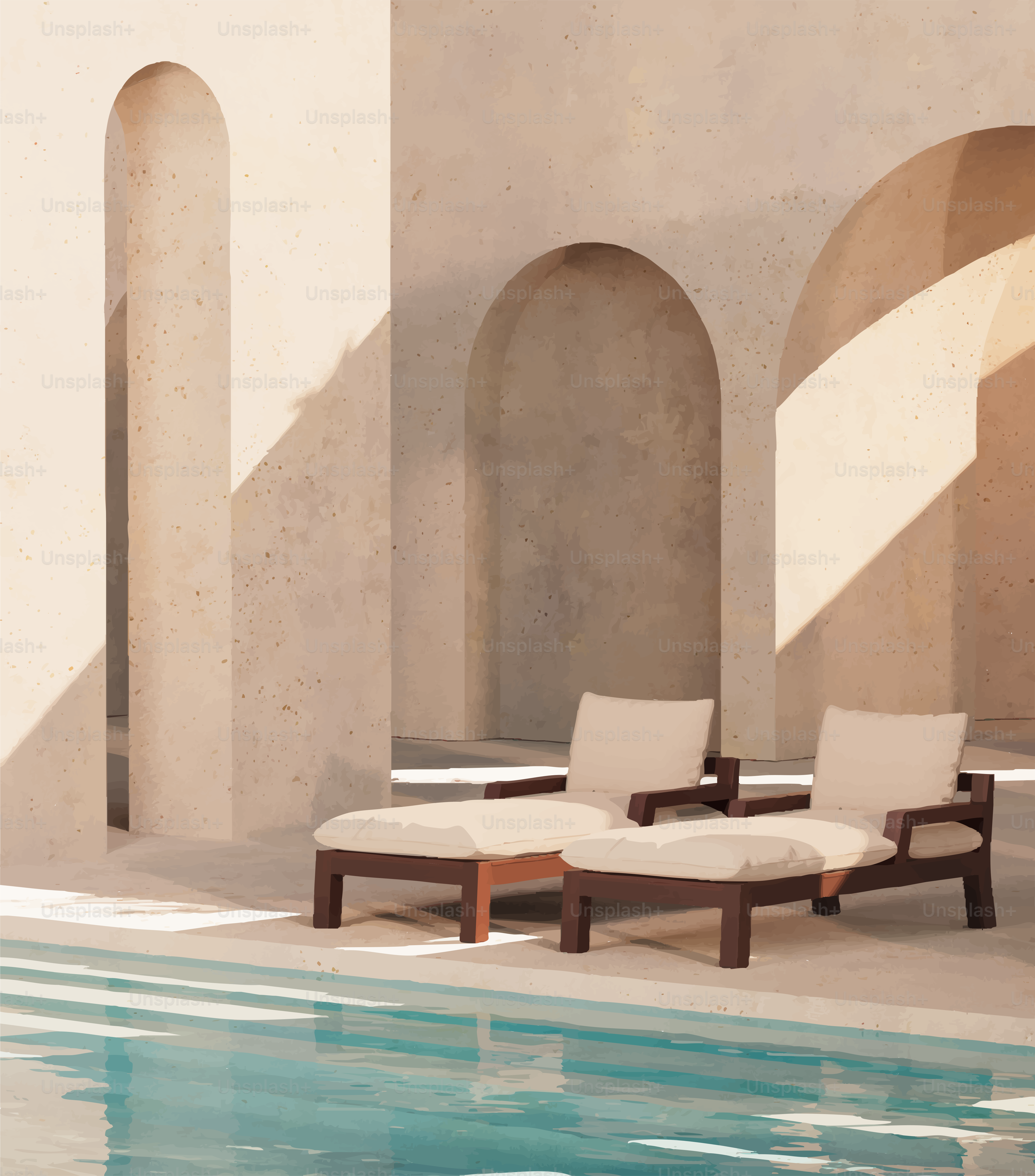Two lounge chairs by a swimming pool.