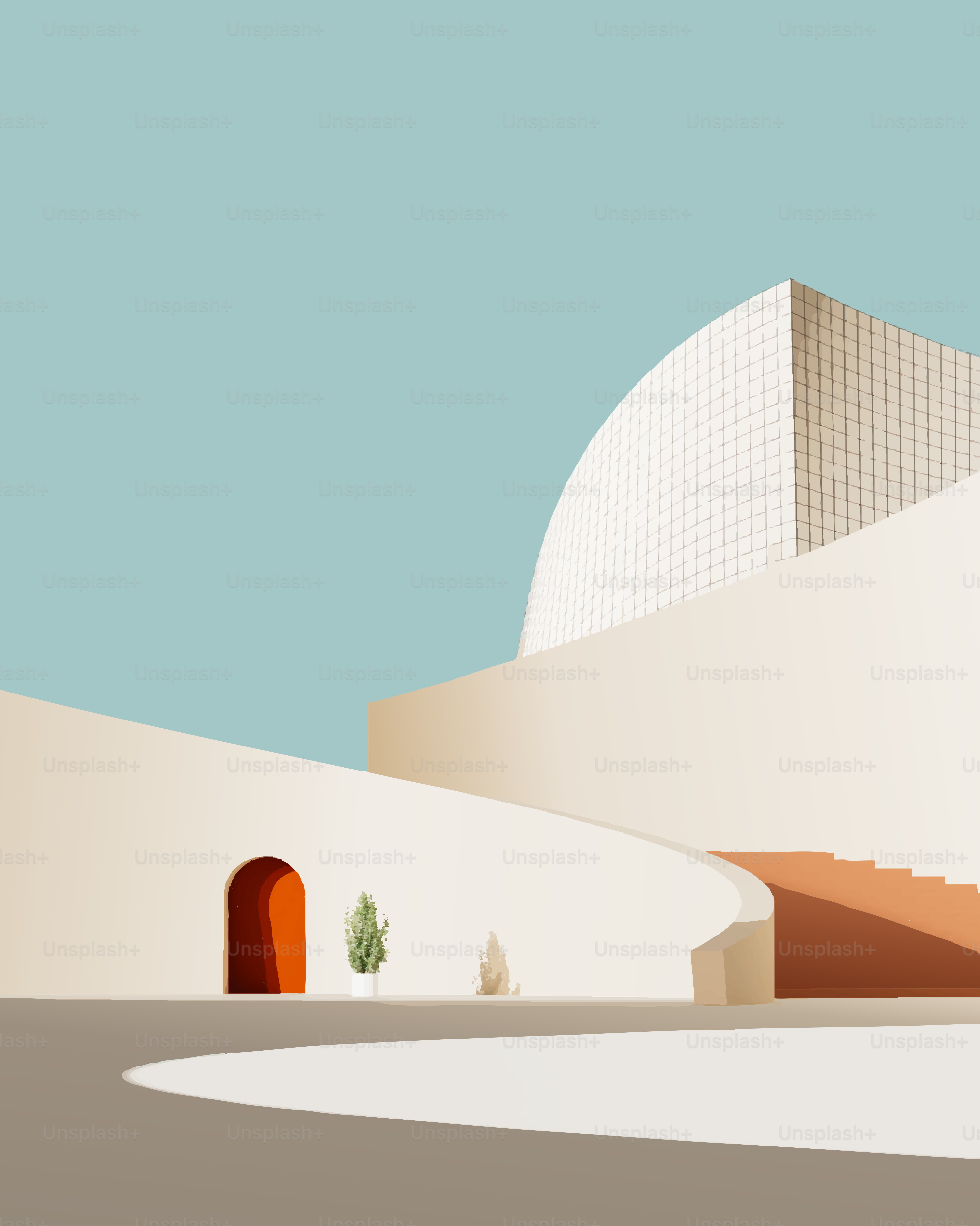 Modern architectural building with orange doorway and stairs.