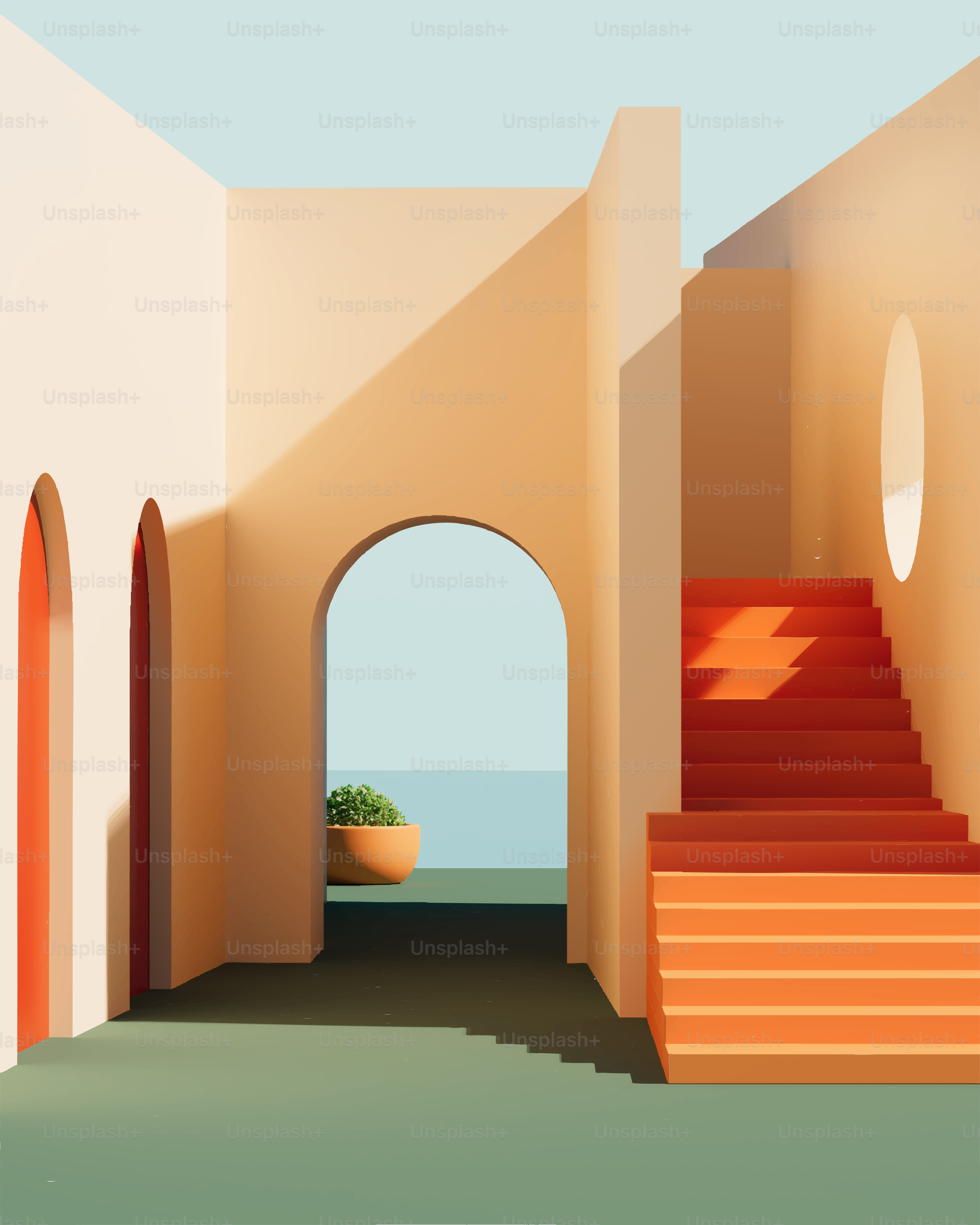 Design architectural moderne avec escaliers et arches orange.