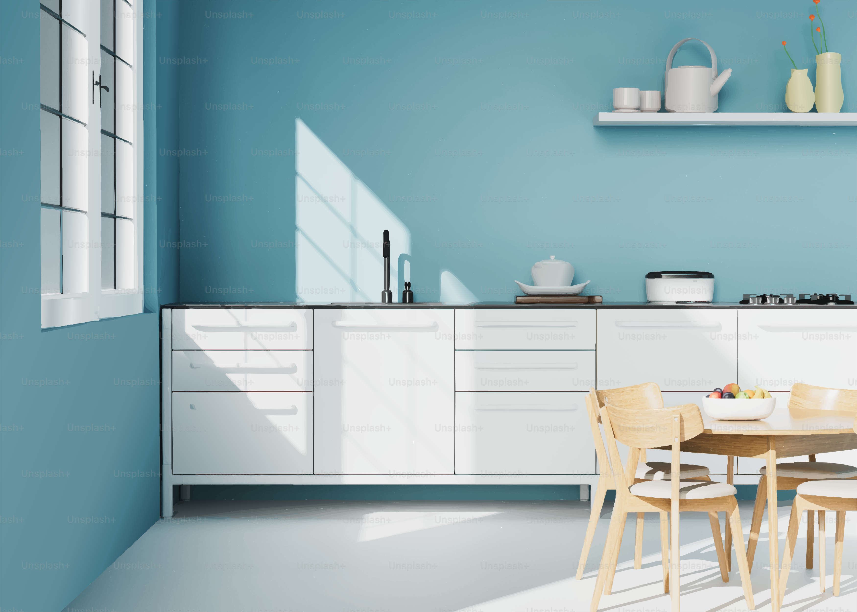 Modern kitchen with blue walls and white cabinets.