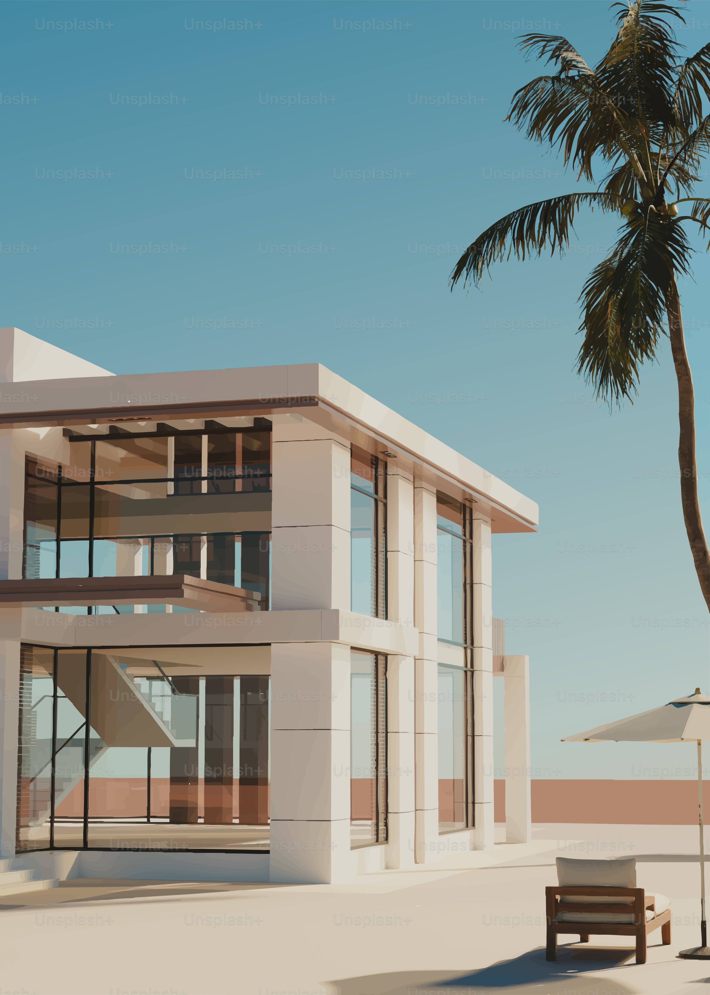 Casa moderna con palma e sdraio da spiaggia.