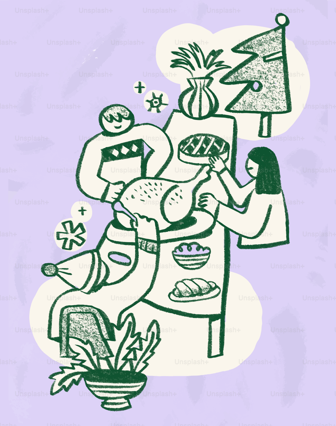 Family carving a festive holiday turkey at a table.