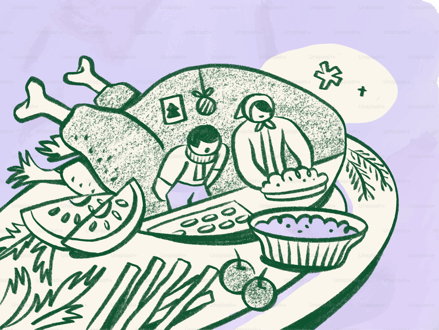 Family gathered around a holiday feast with roasted turkey.