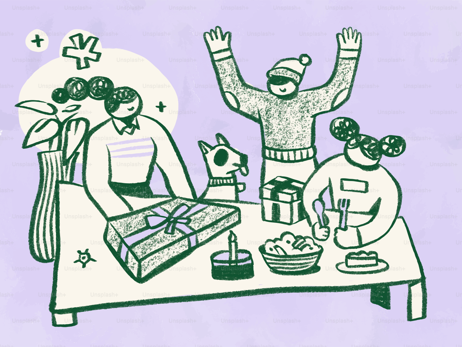 People and dog celebrating with gifts and cake.