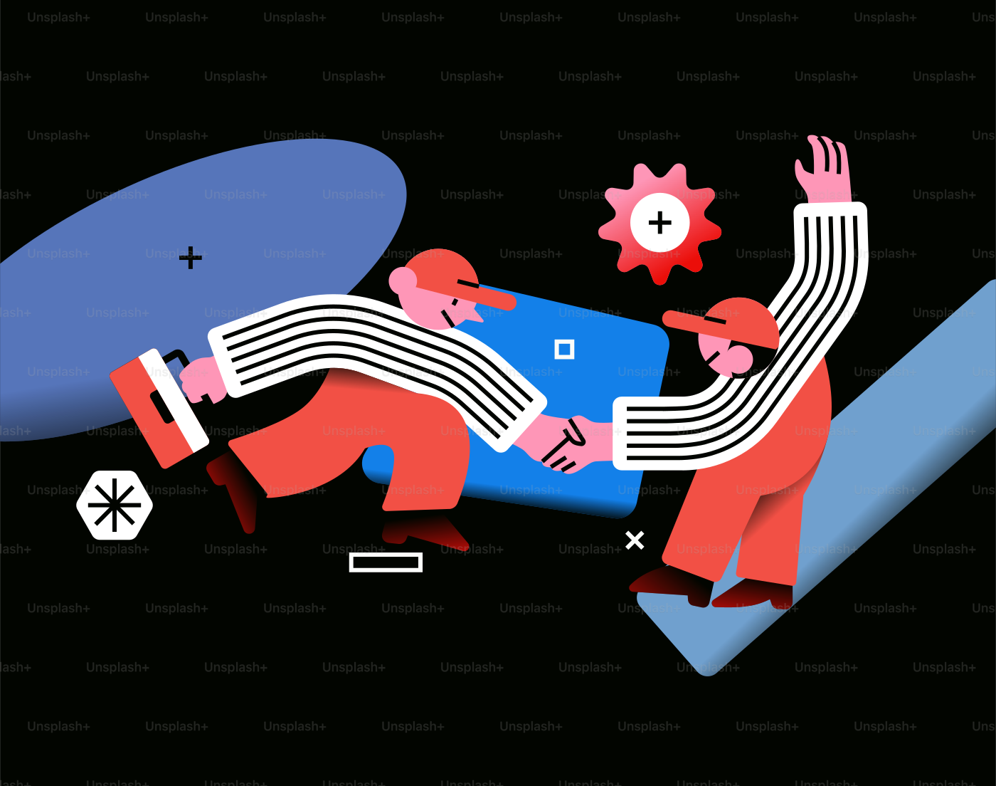 Two cartoon figures shaking hands with abstract shapes.