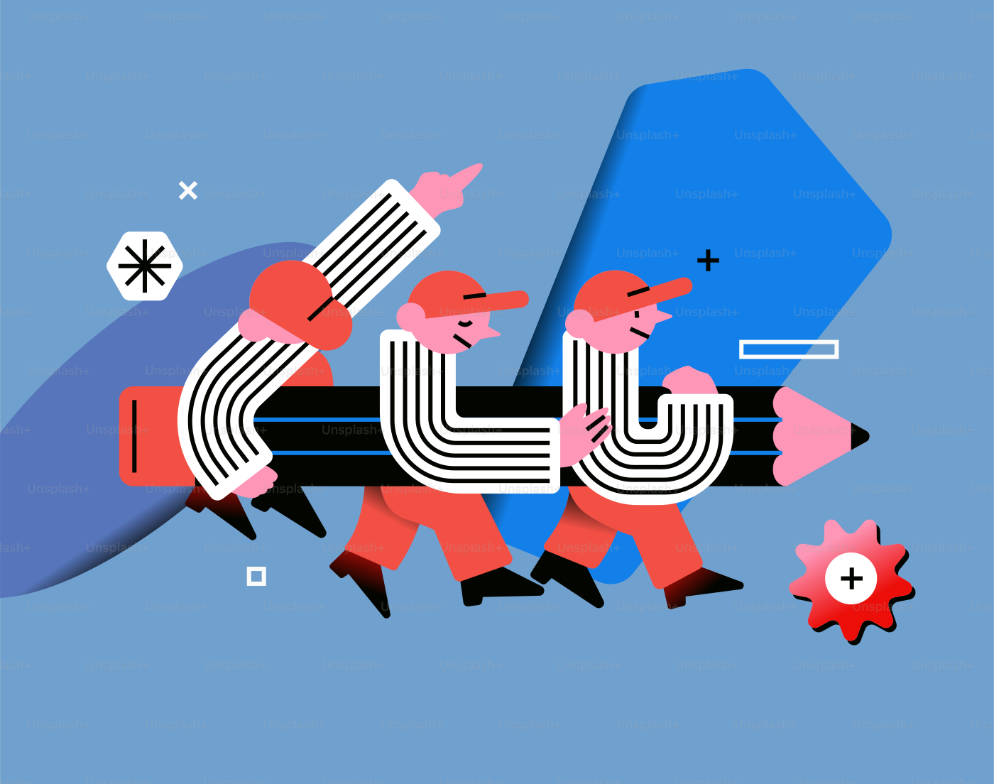 Cartoon figures carry a giant pencil on blue background