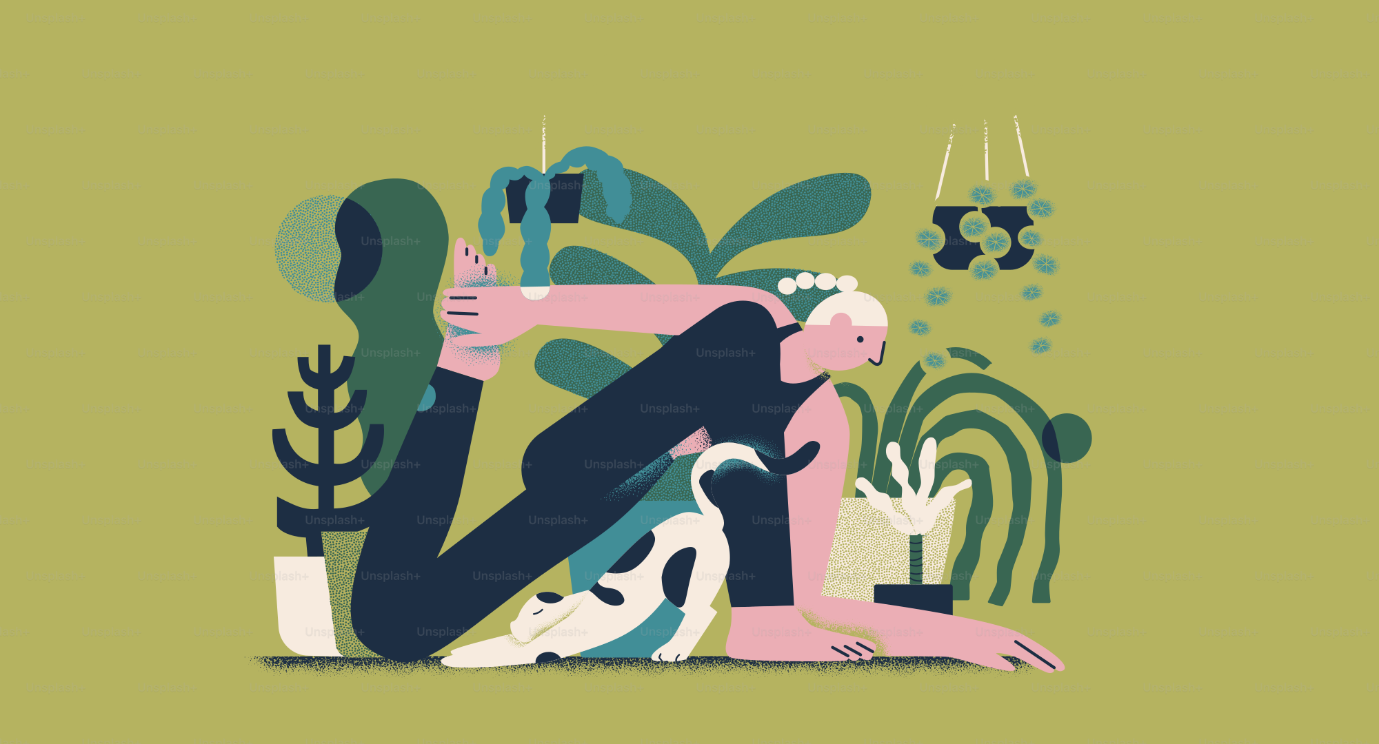 Person stretching with plants and a cat