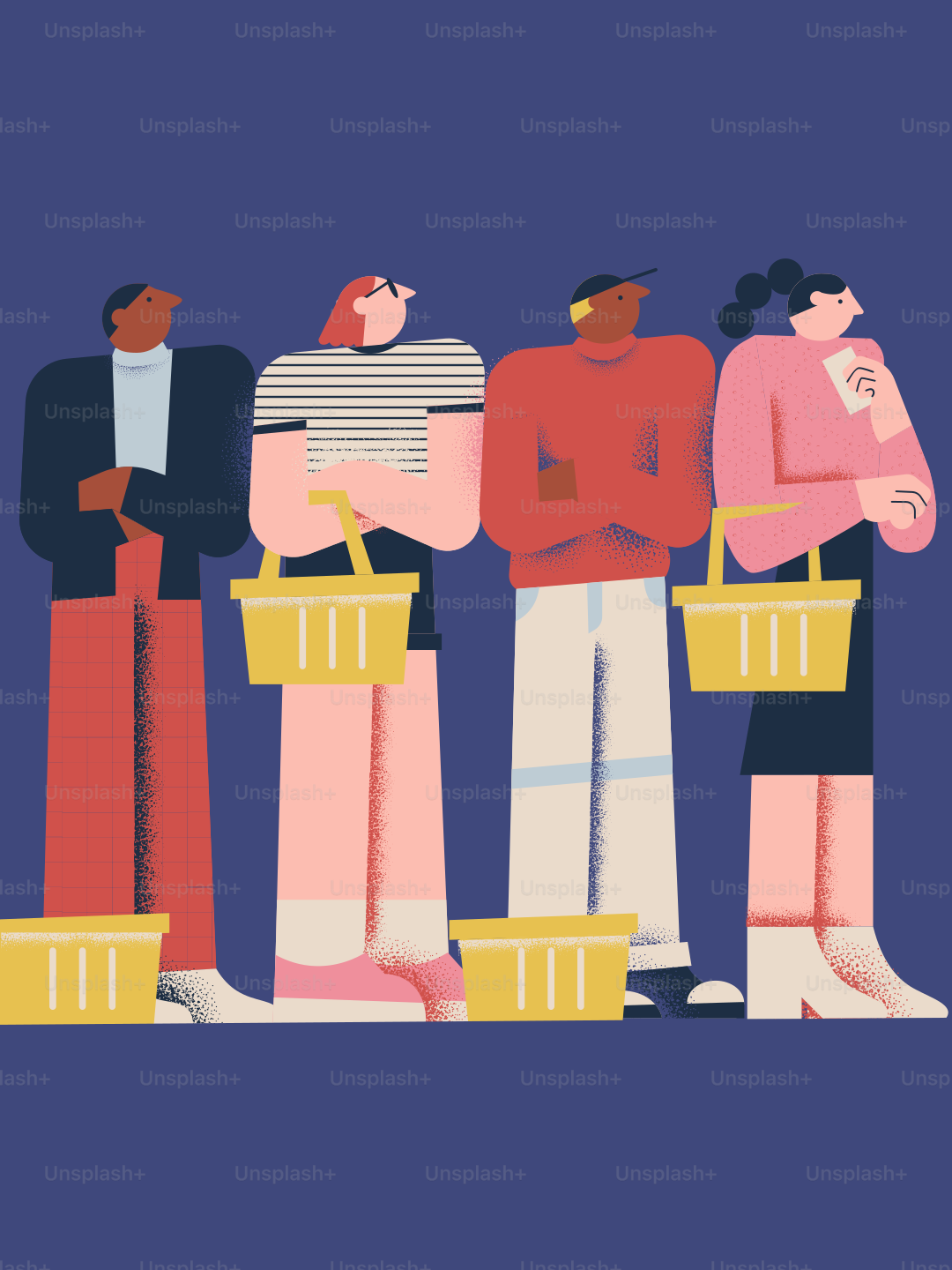 Diverse people stand in line with shopping baskets.