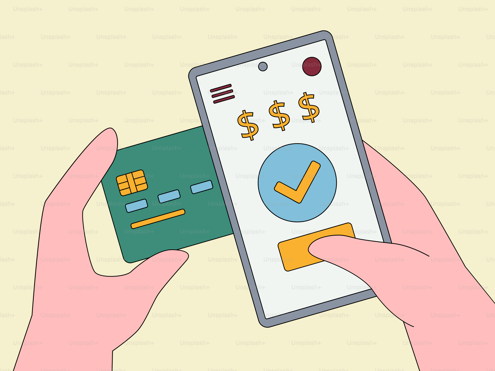 Hands holding phone and credit card for payment