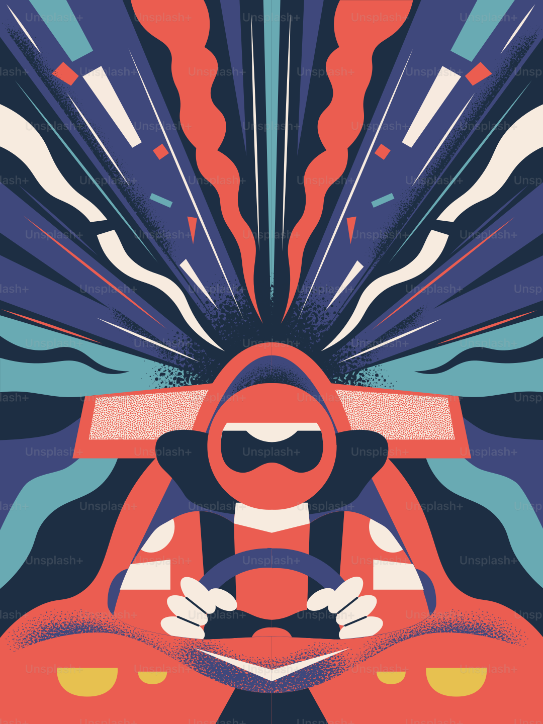 Driver in racing suit with stylized speed lines