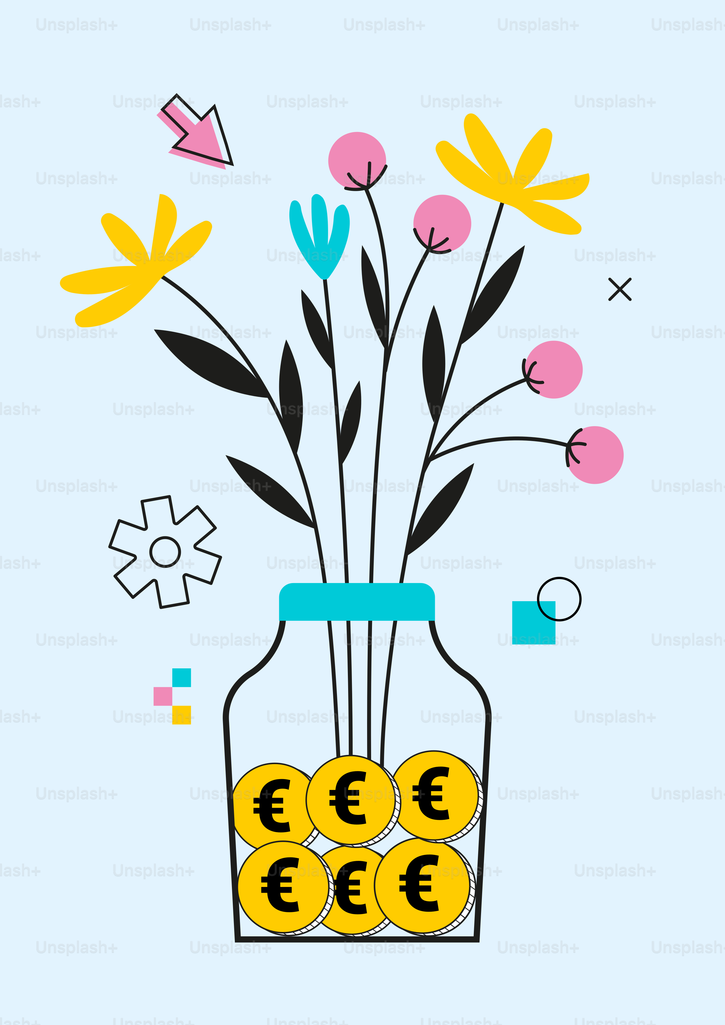 Bunga dalam vas berisi koin euro