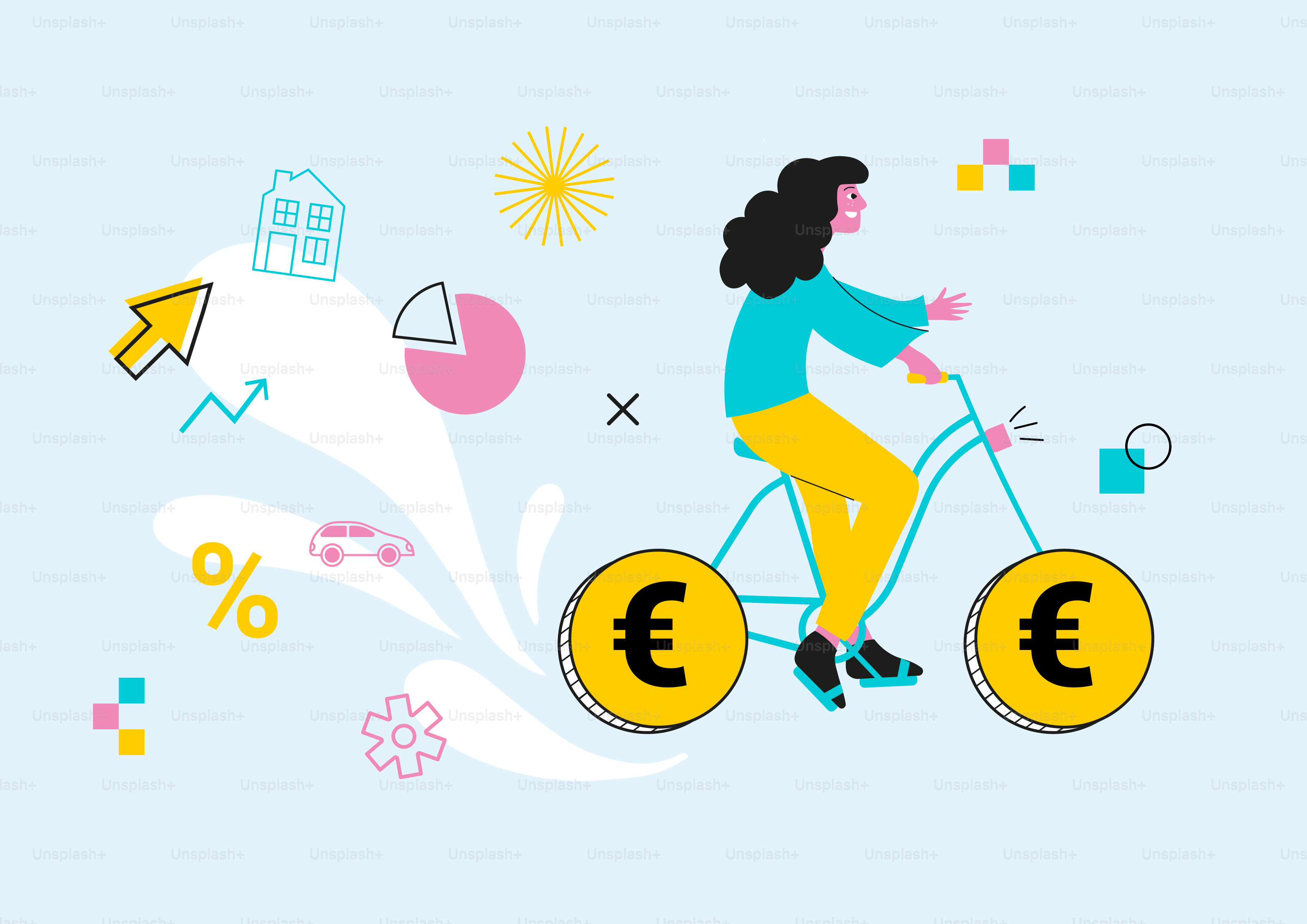 Femme fait du vélo avec des pièces d’euro comme roues