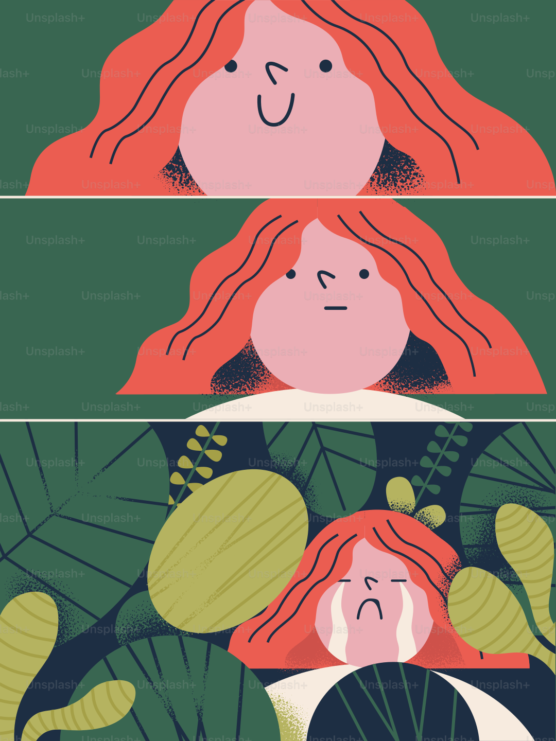Das Gesicht der Frau zeigt drei verschiedene Emotionen