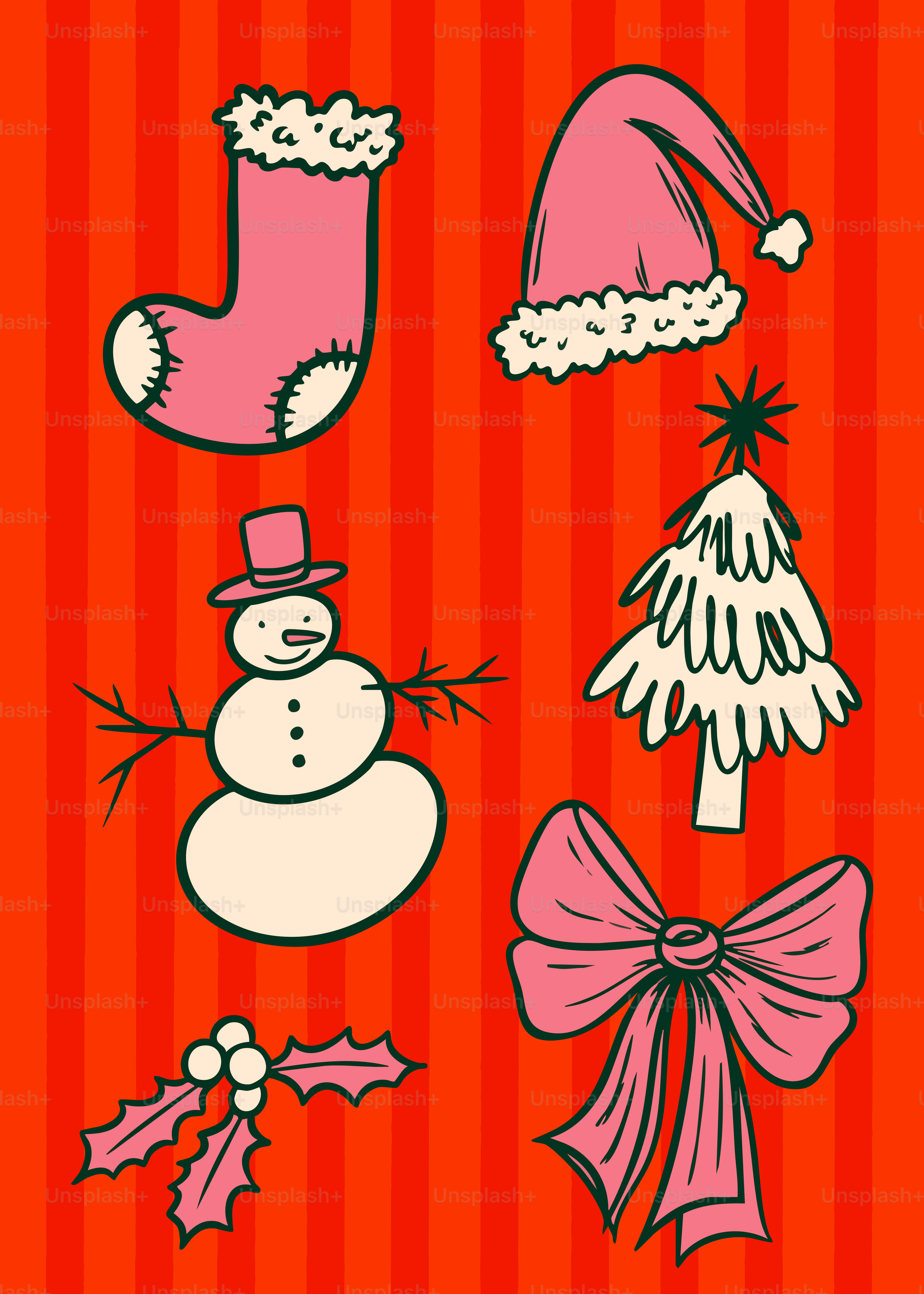 クリスマスの象徴:ストッキング、帽子、雪だるま、ツリー、リボン、ヒイラギ