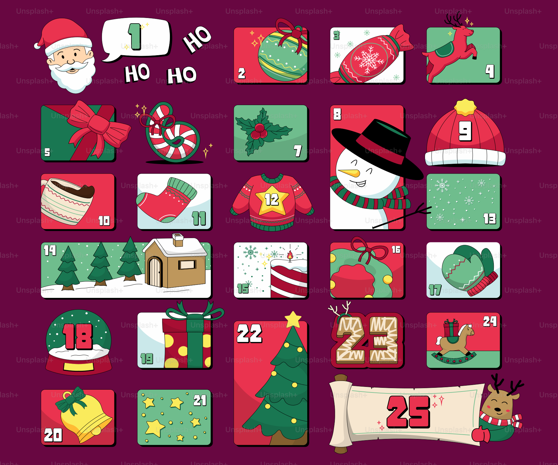 Christmas advent calendar with festive icons