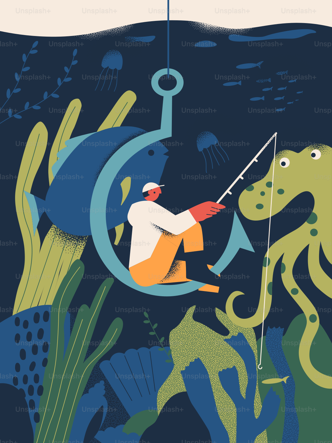 Man fishing on a hook in the ocean