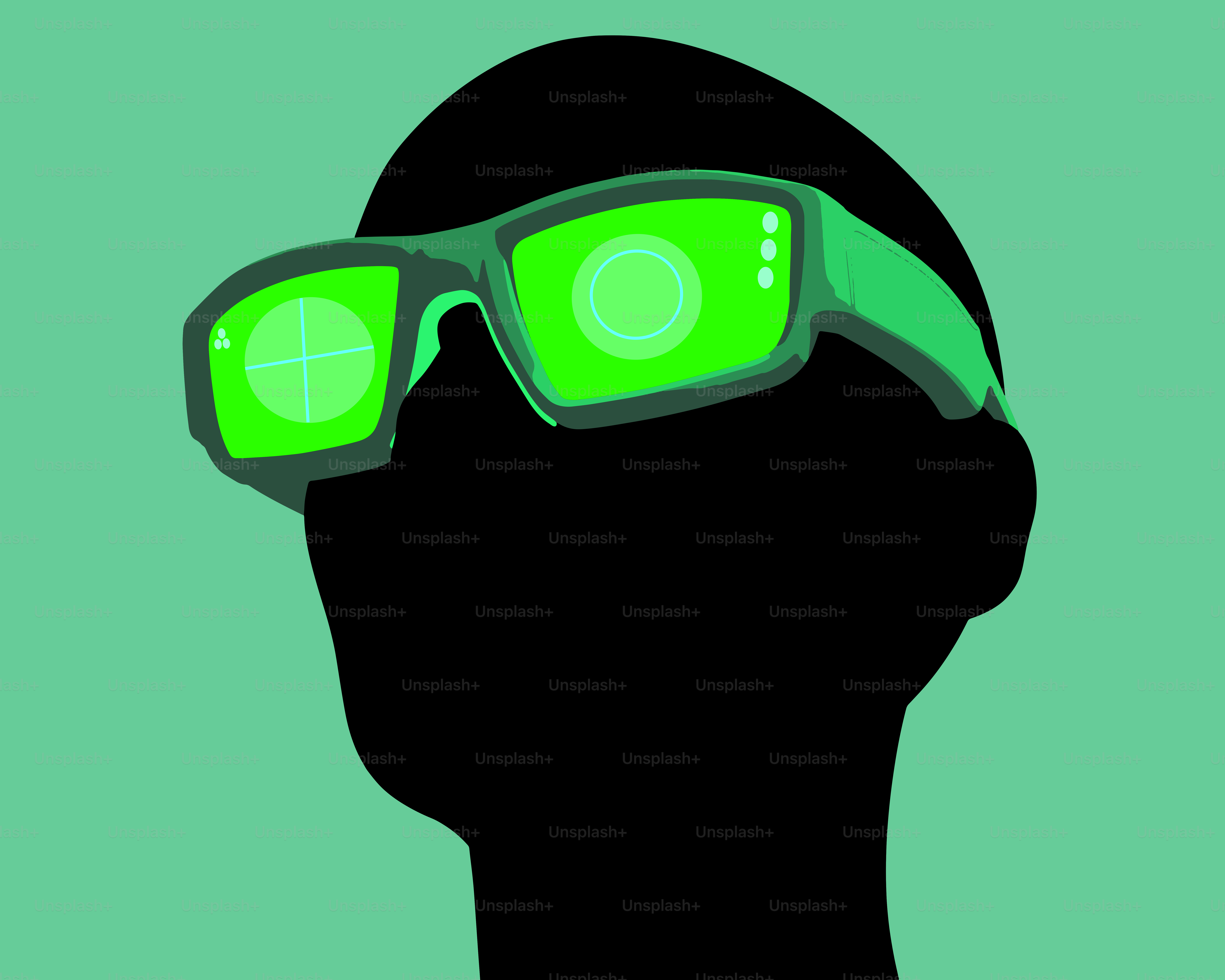 Silhouette eines Kopfes mit futuristischen grünen Schutzbrillen