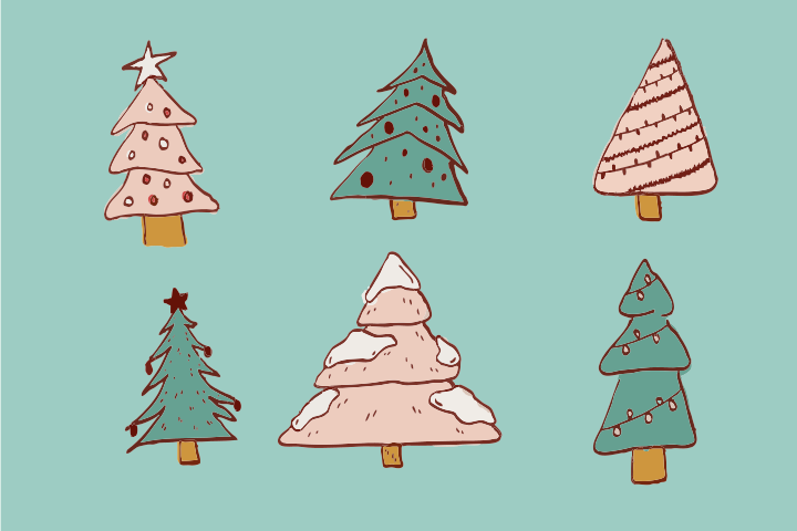 Six decorated christmas trees on a teal background