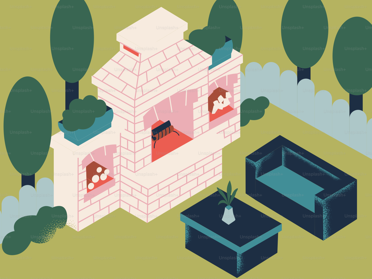 Outdoor brick fireplace with seating and coffee table.