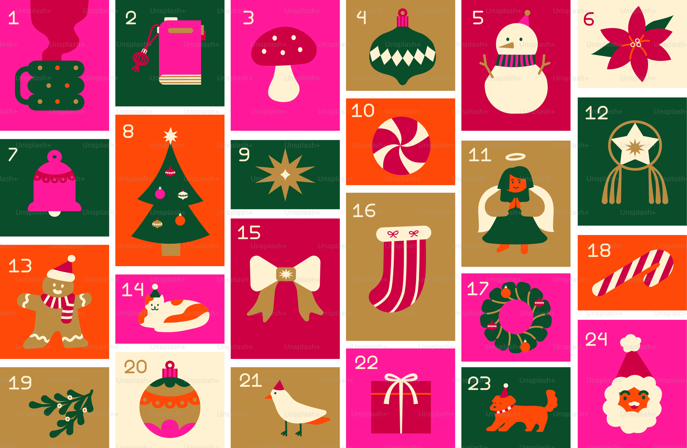 Calendario de adviento navideño con iconos festivos