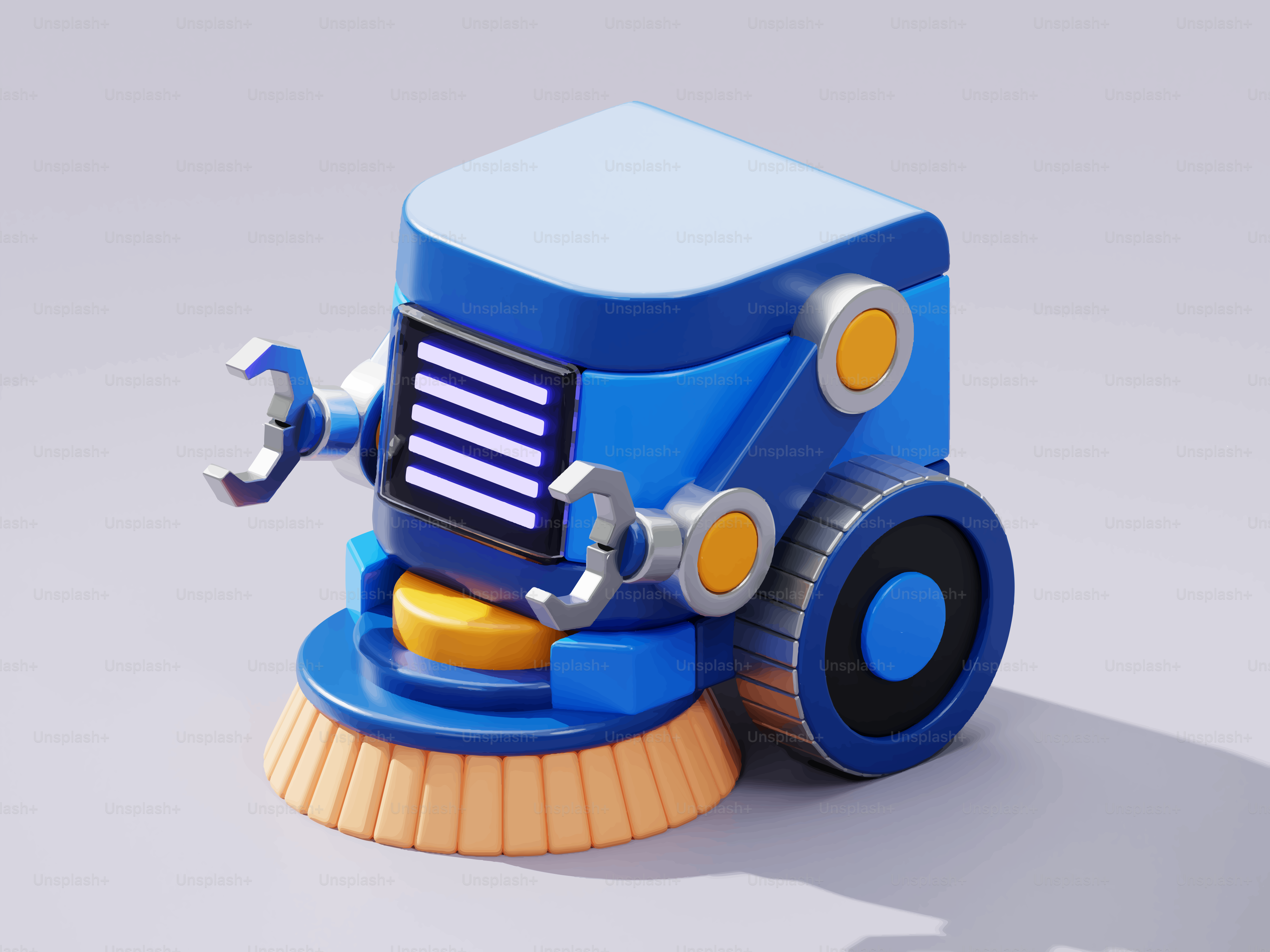 A blue cartoon robot with a brush and wheels.