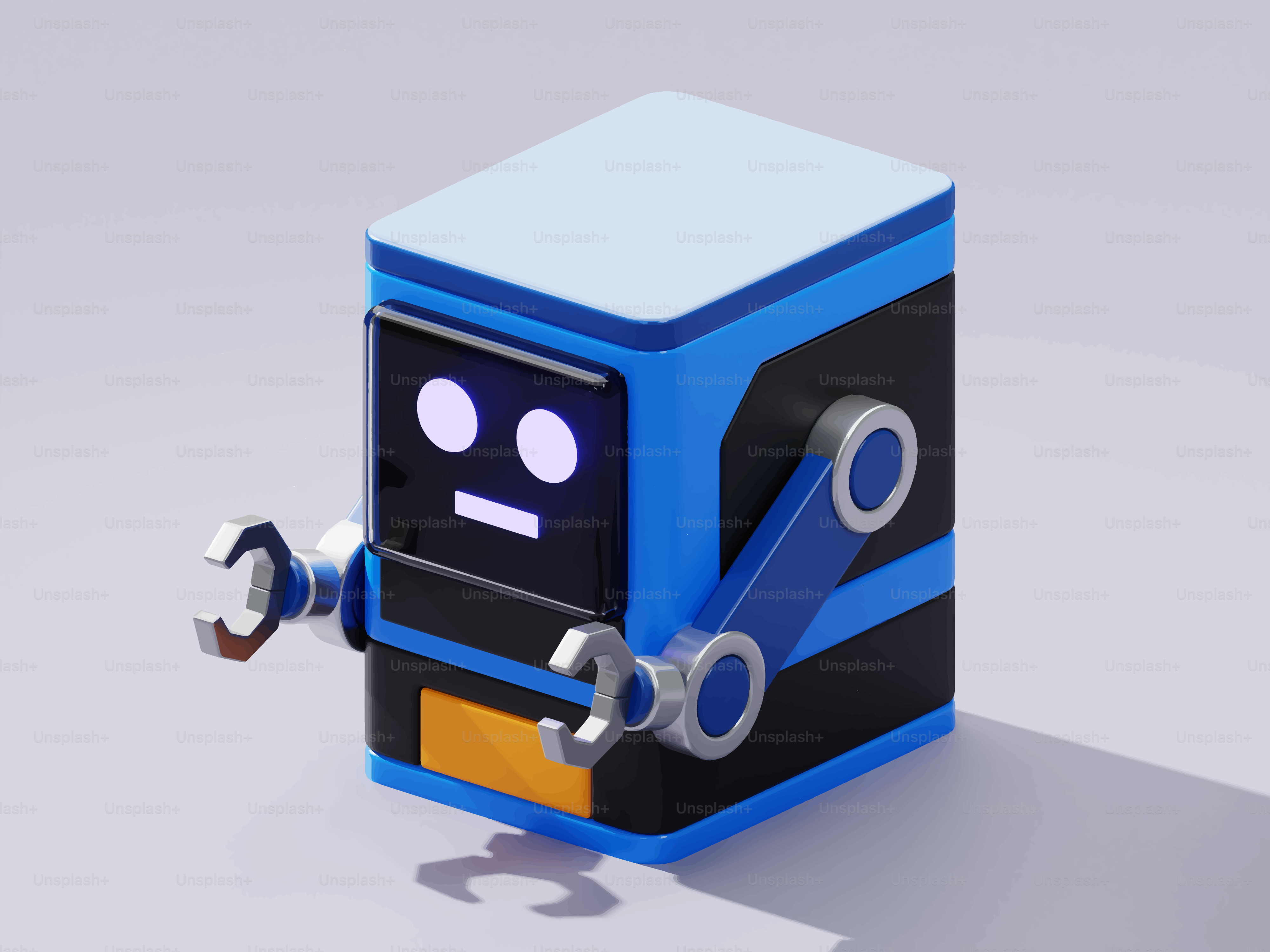 A blue robot with articulated arms and a screen face