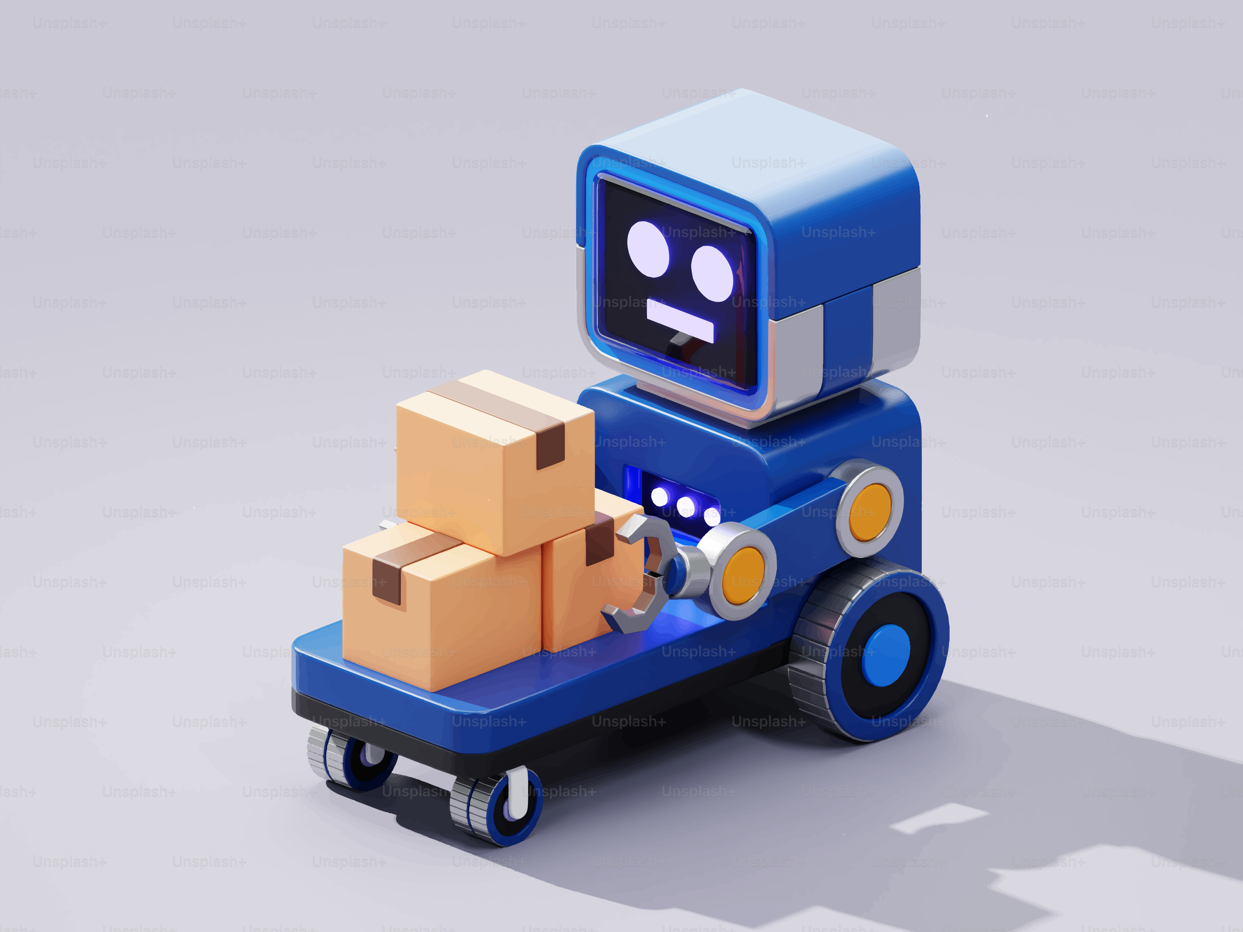Un robot azul transporta cajas en un carrito.