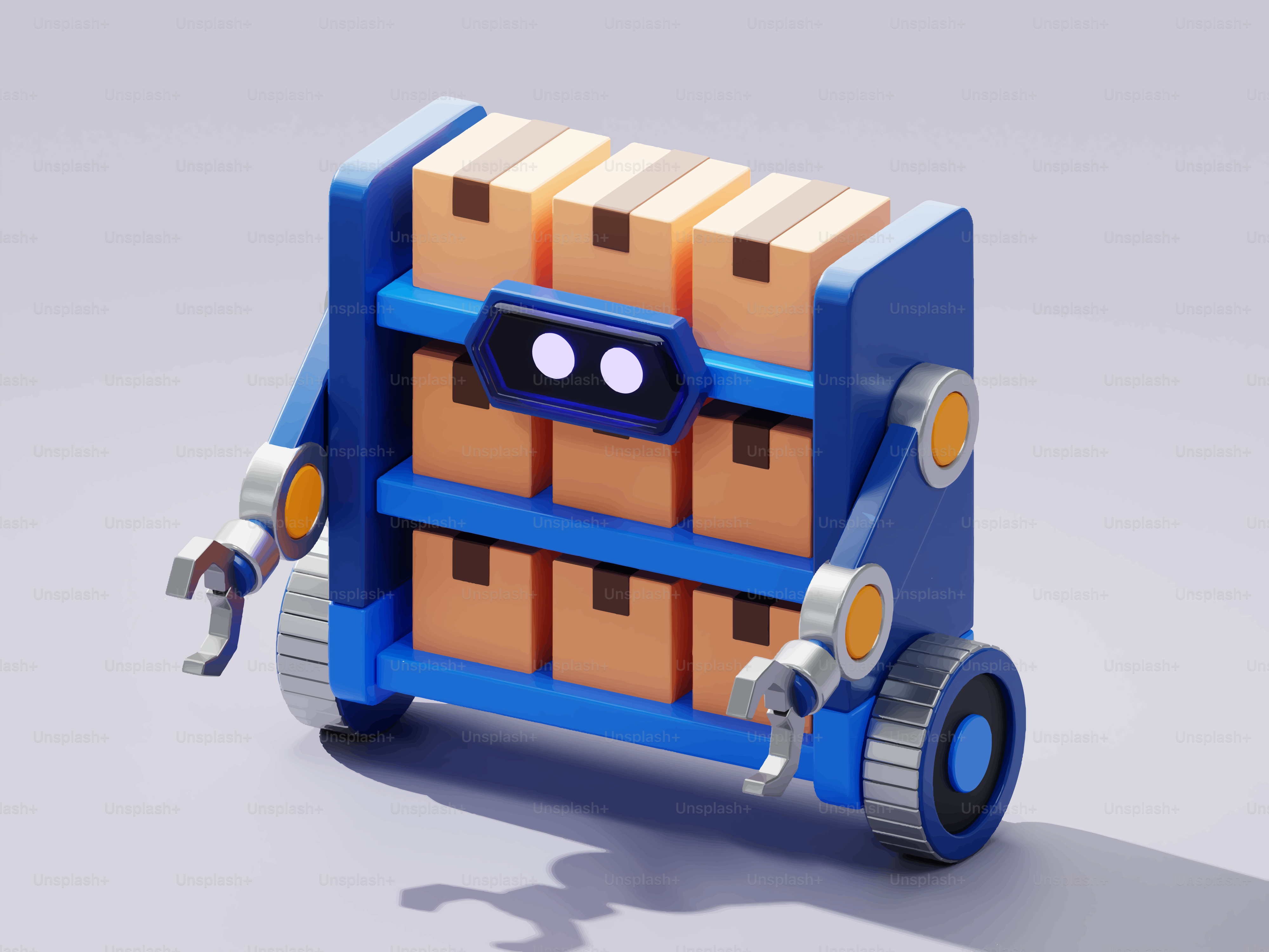 Un carro robot azul que transporta cajas de cartón