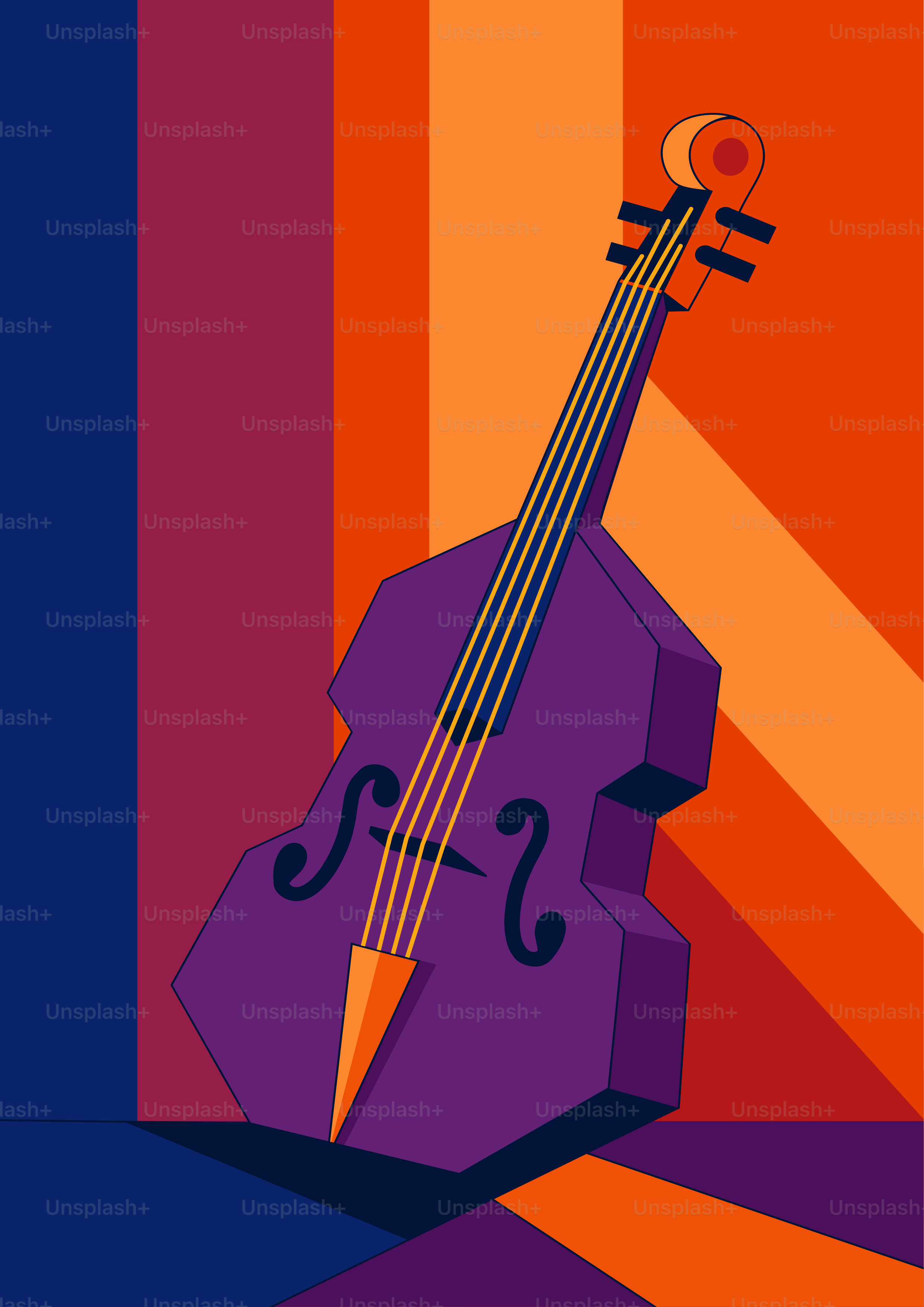 A stylized purple double bass against colorful geometric background.