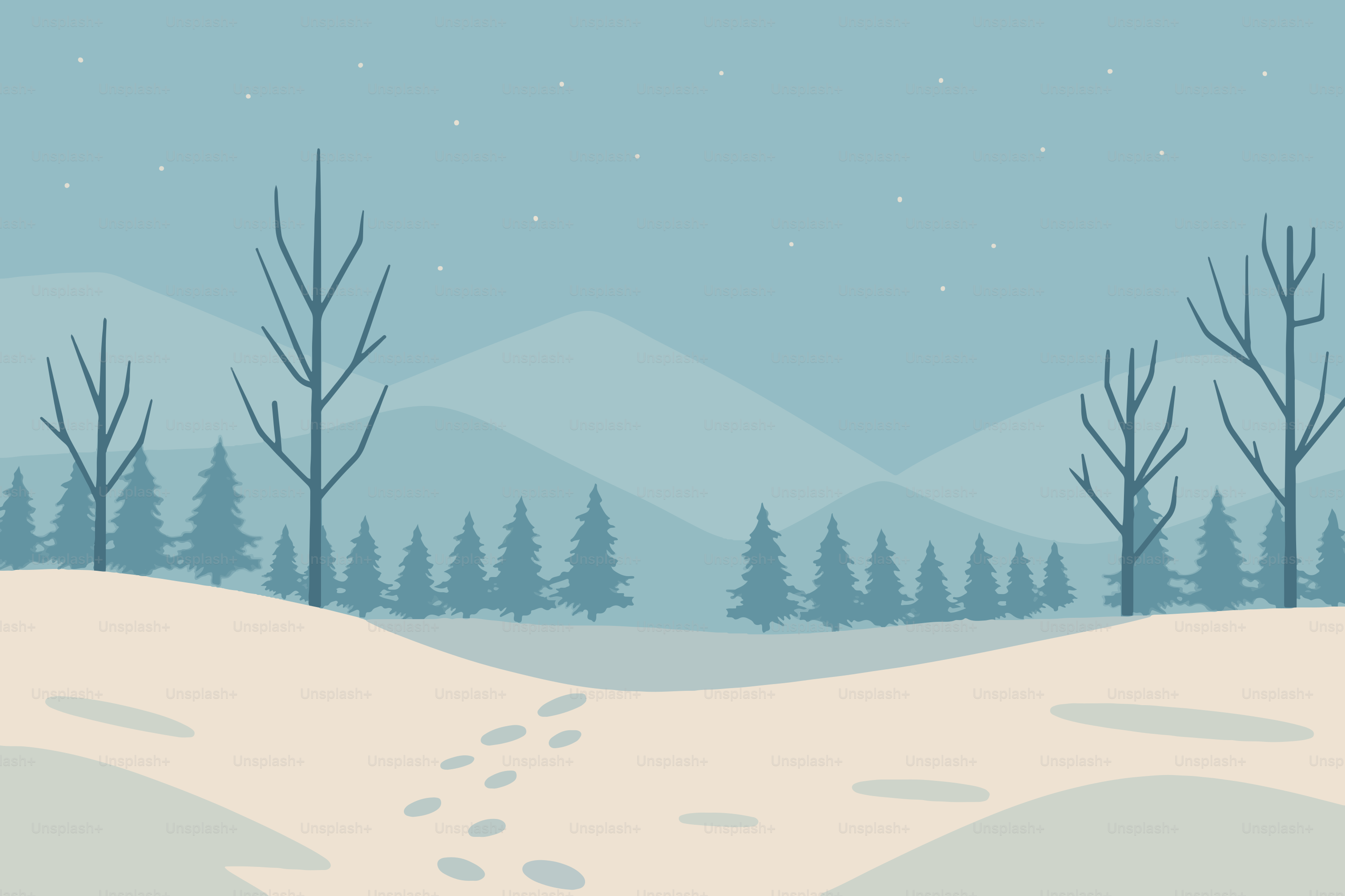 Winter landscape with snow-covered hills and bare trees.