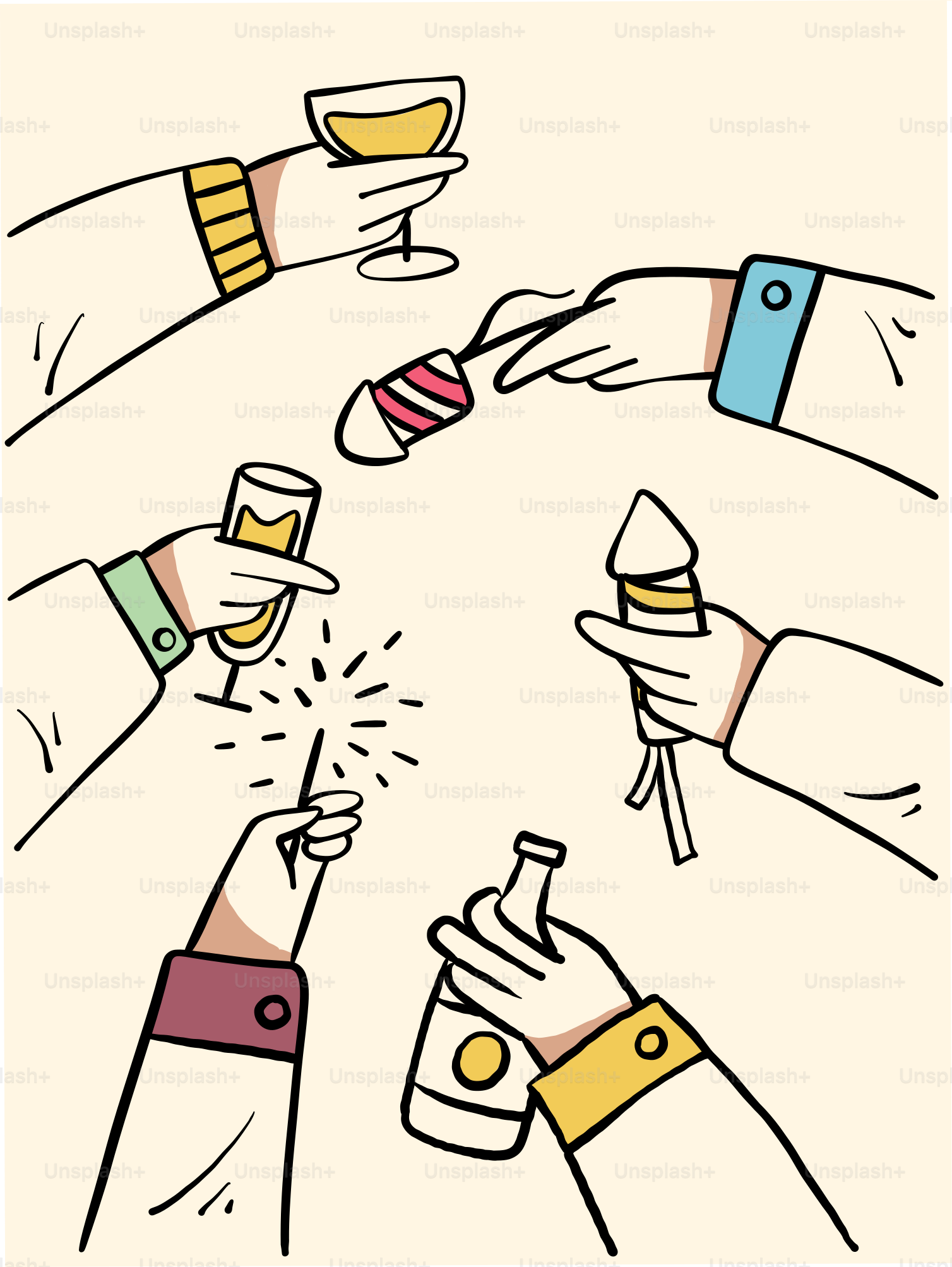 Hands holding drinks and fireworks celebrating vector – Illustration ...