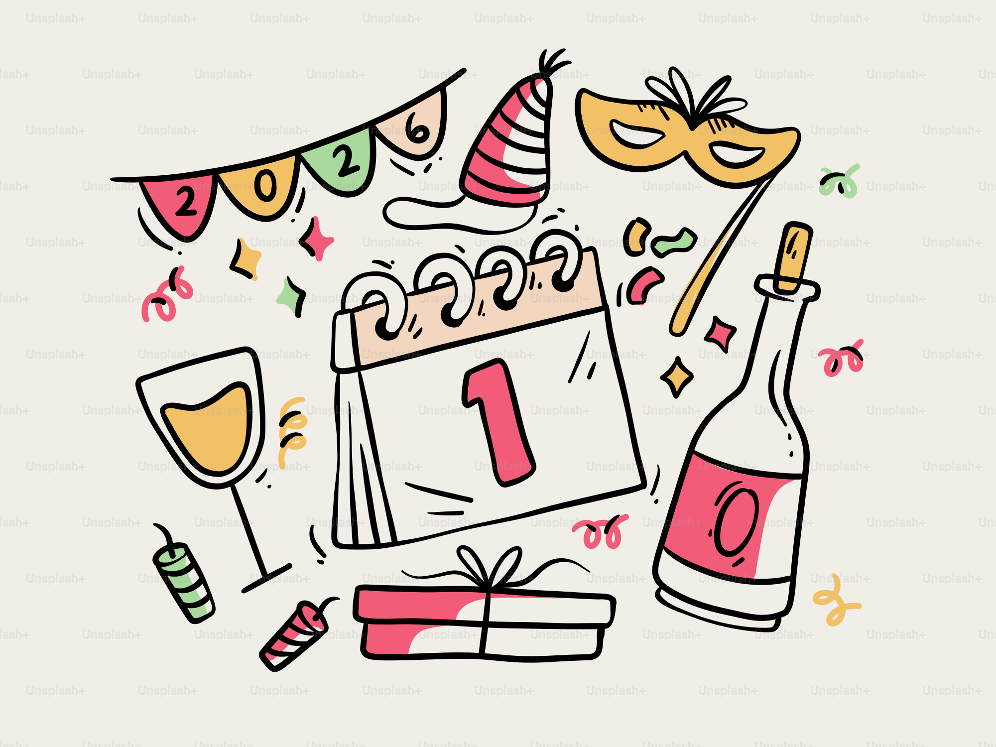 New year's celebration with calendar, gift, and champagne