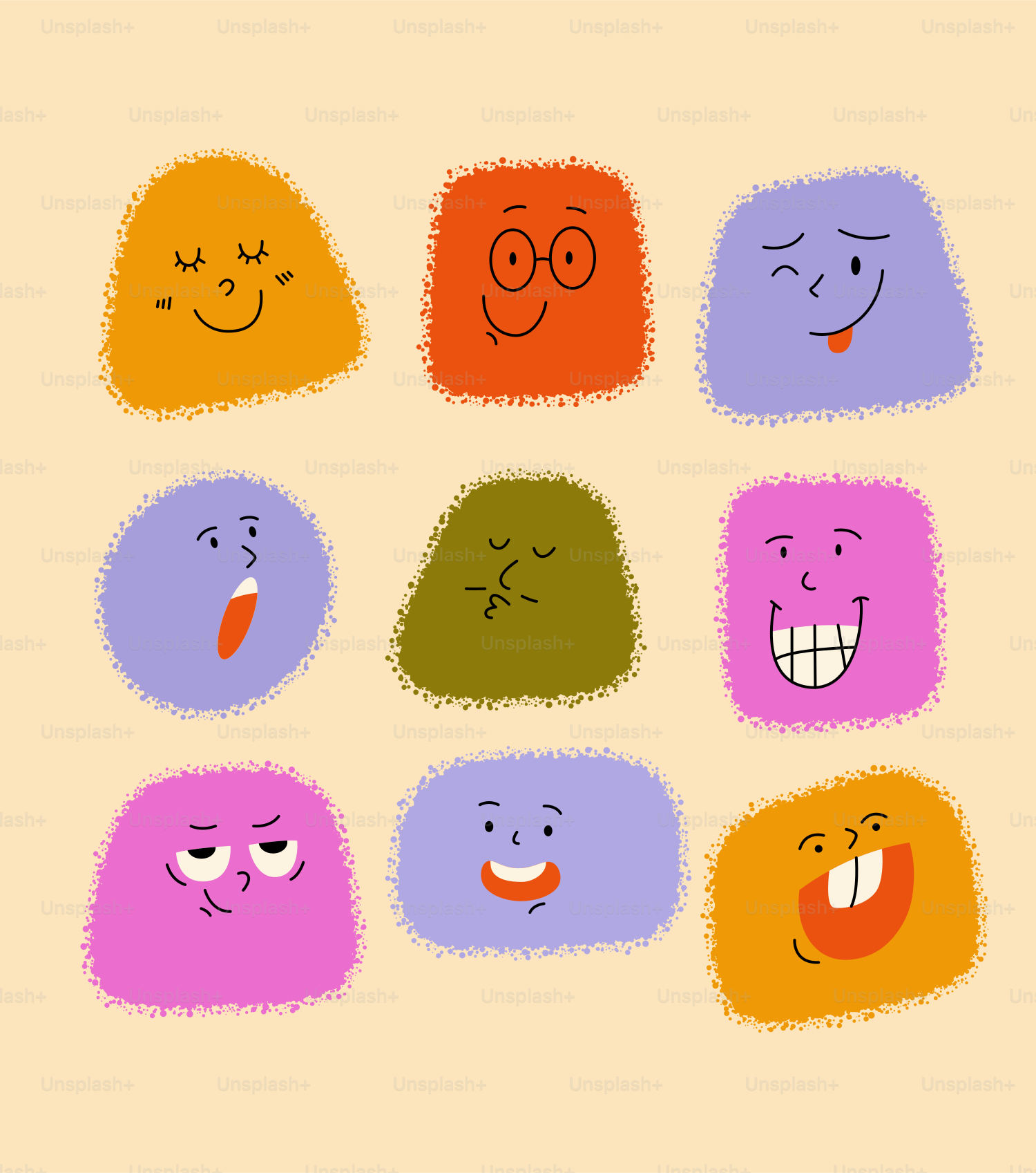 異なる表情を持つ9人の漫画キャラクター