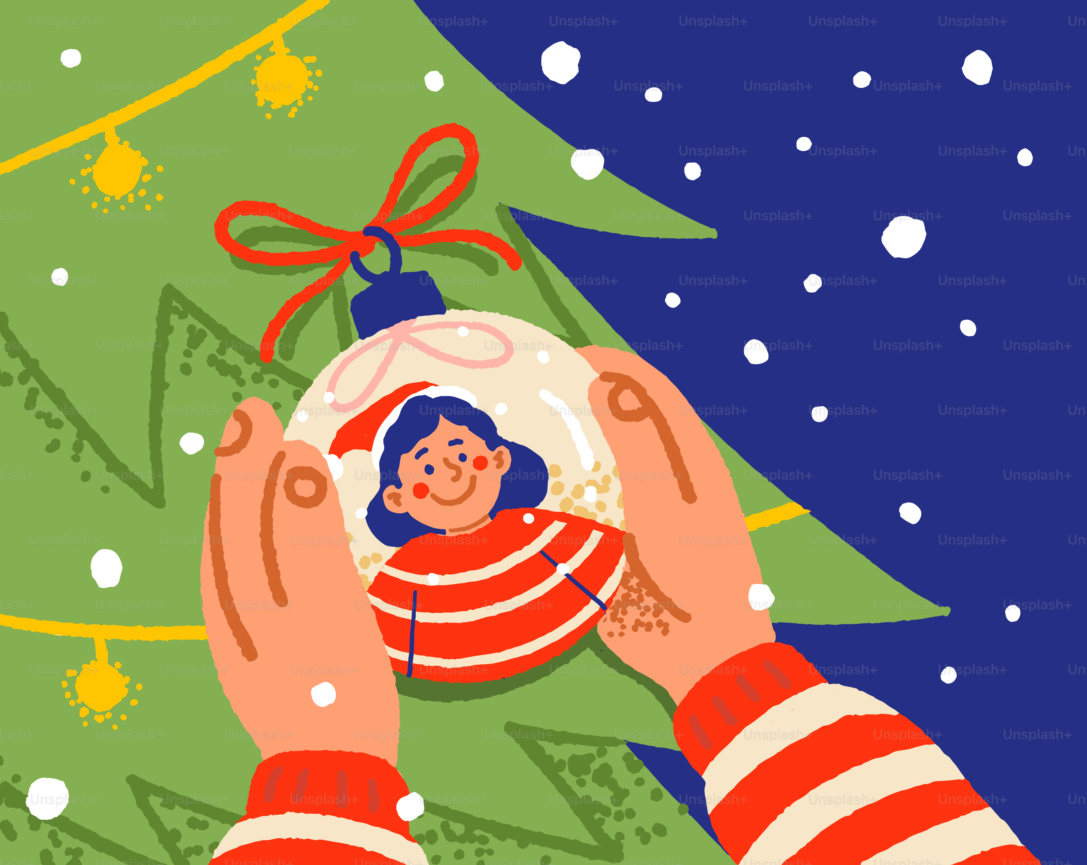 Hands decorating christmas tree with ornament