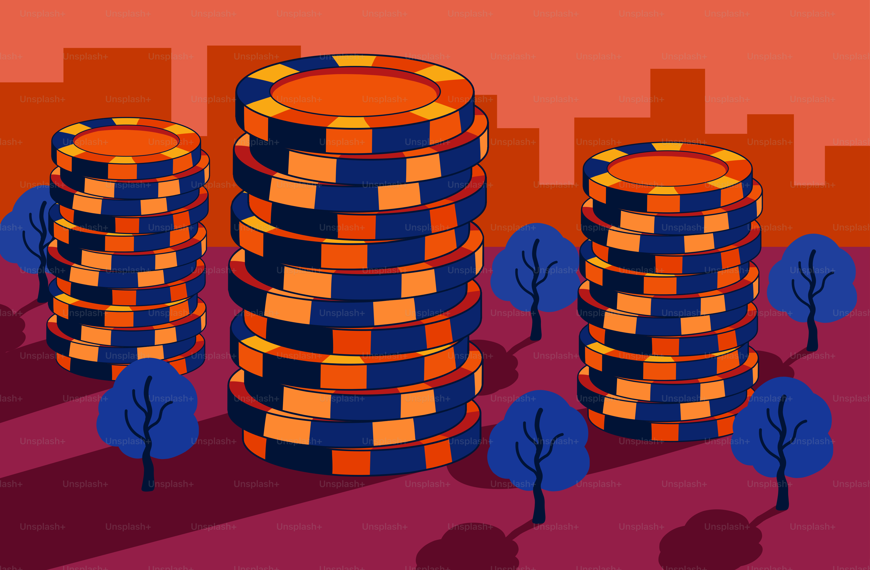 Stacks of casino chips with stylized trees and cityscape.